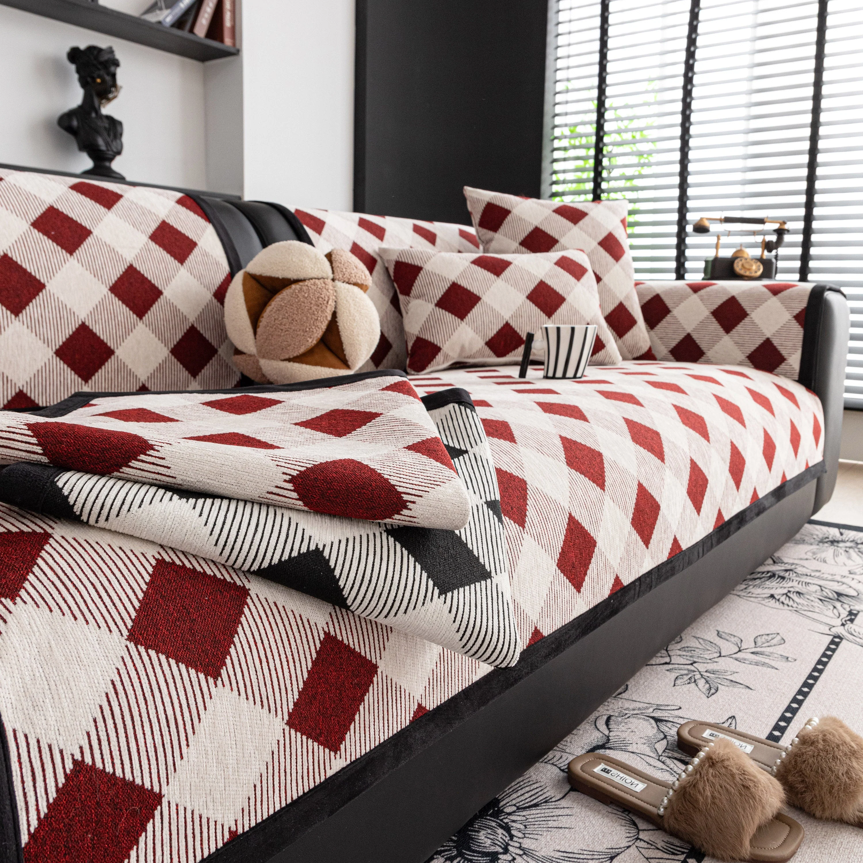 Non-Slip Chenille Sofa Slipcover Modern Geometric Sofa Protector Fits Most Sofas - Image 4