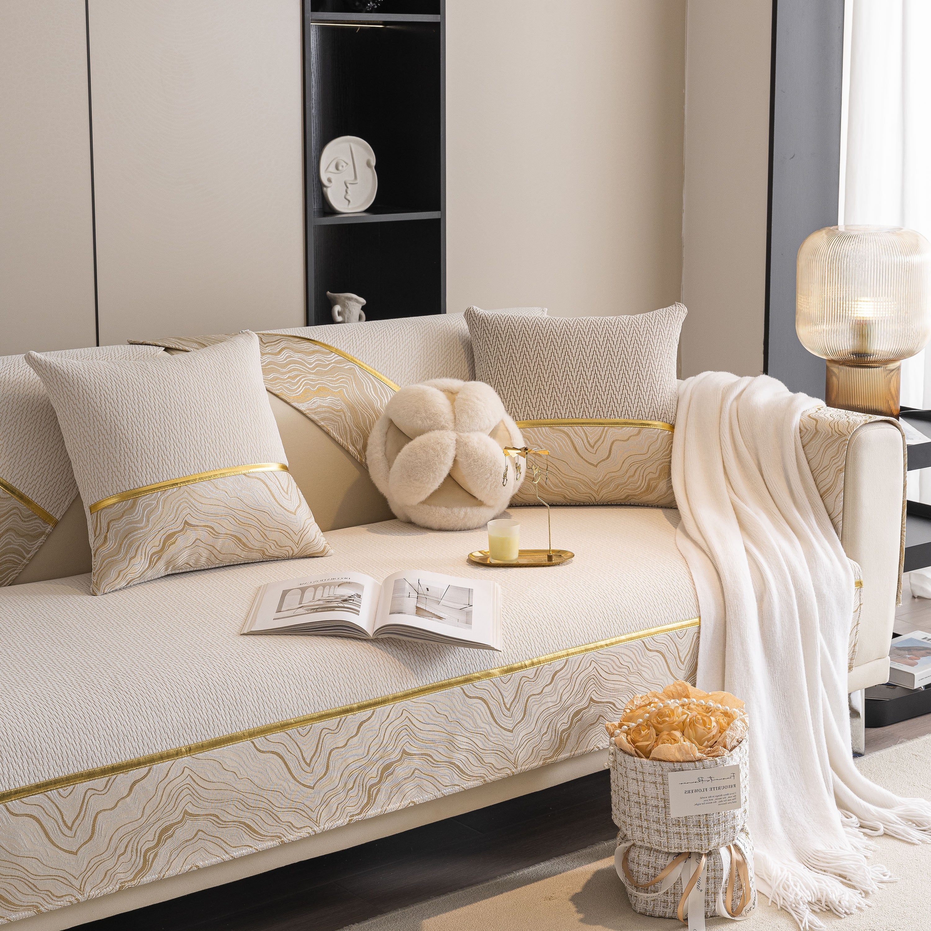 Non-Slip Couch Cover with Gold Trim, Sofa Slipcover for Sectional & Loveseat - Image 34