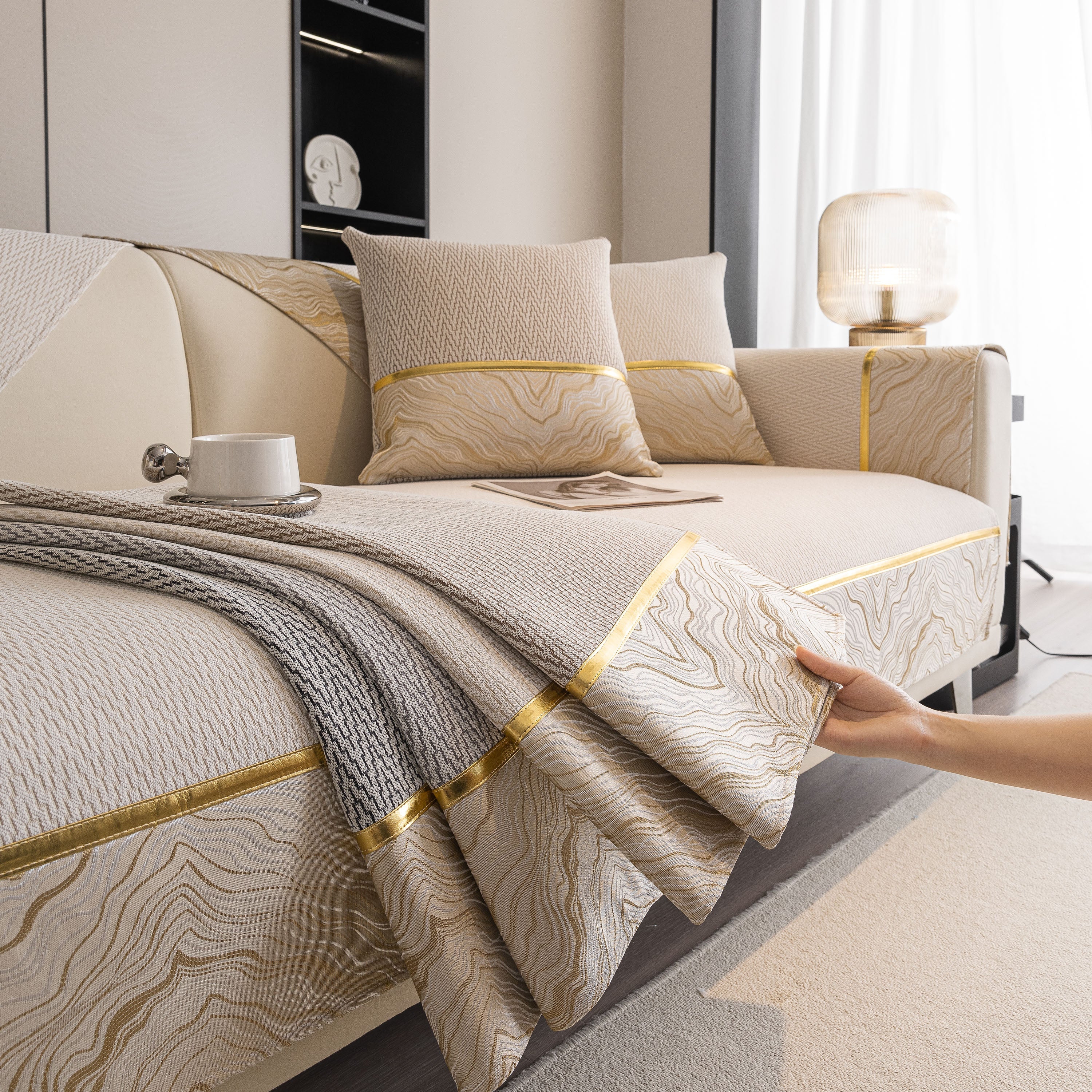 Non-Slip Couch Cover with Gold Trim, Sofa Slipcover for Sectional & Loveseat - Image 35