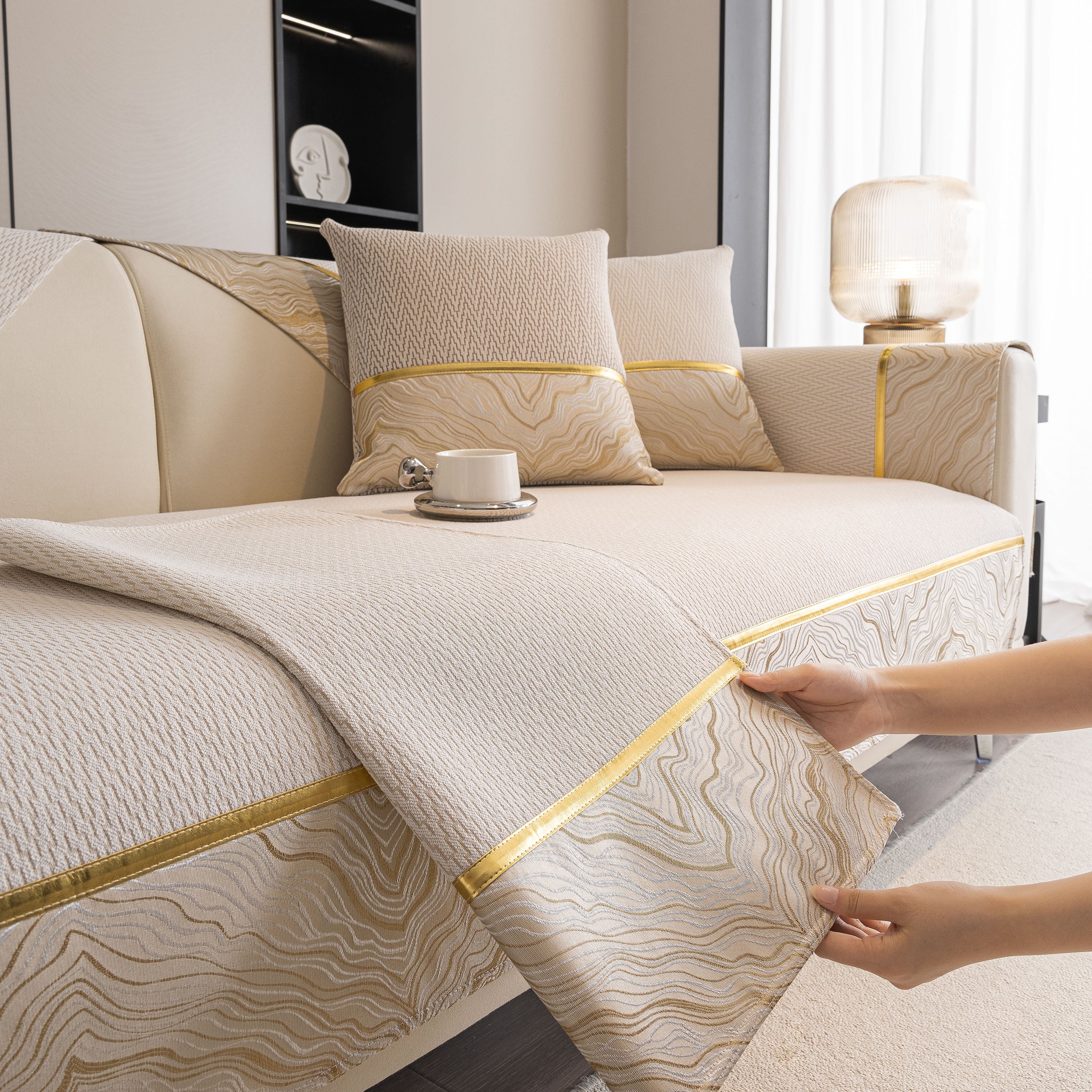 Non-Slip Couch Cover with Gold Trim, Sofa Slipcover for Sectional & Loveseat - Image 36