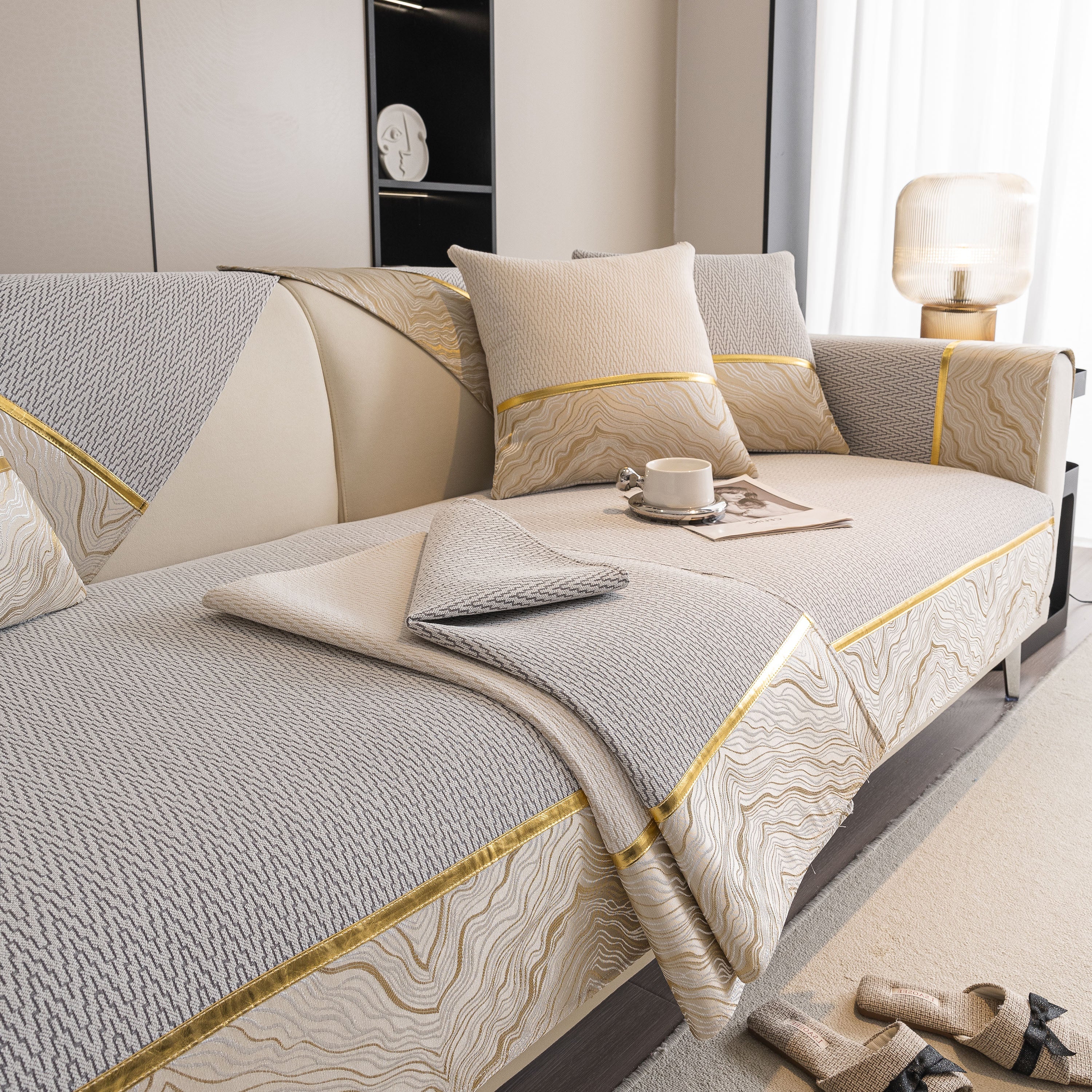 Non-Slip Couch Cover with Gold Trim, Sofa Slipcover for Sectional & Loveseat - Image 45