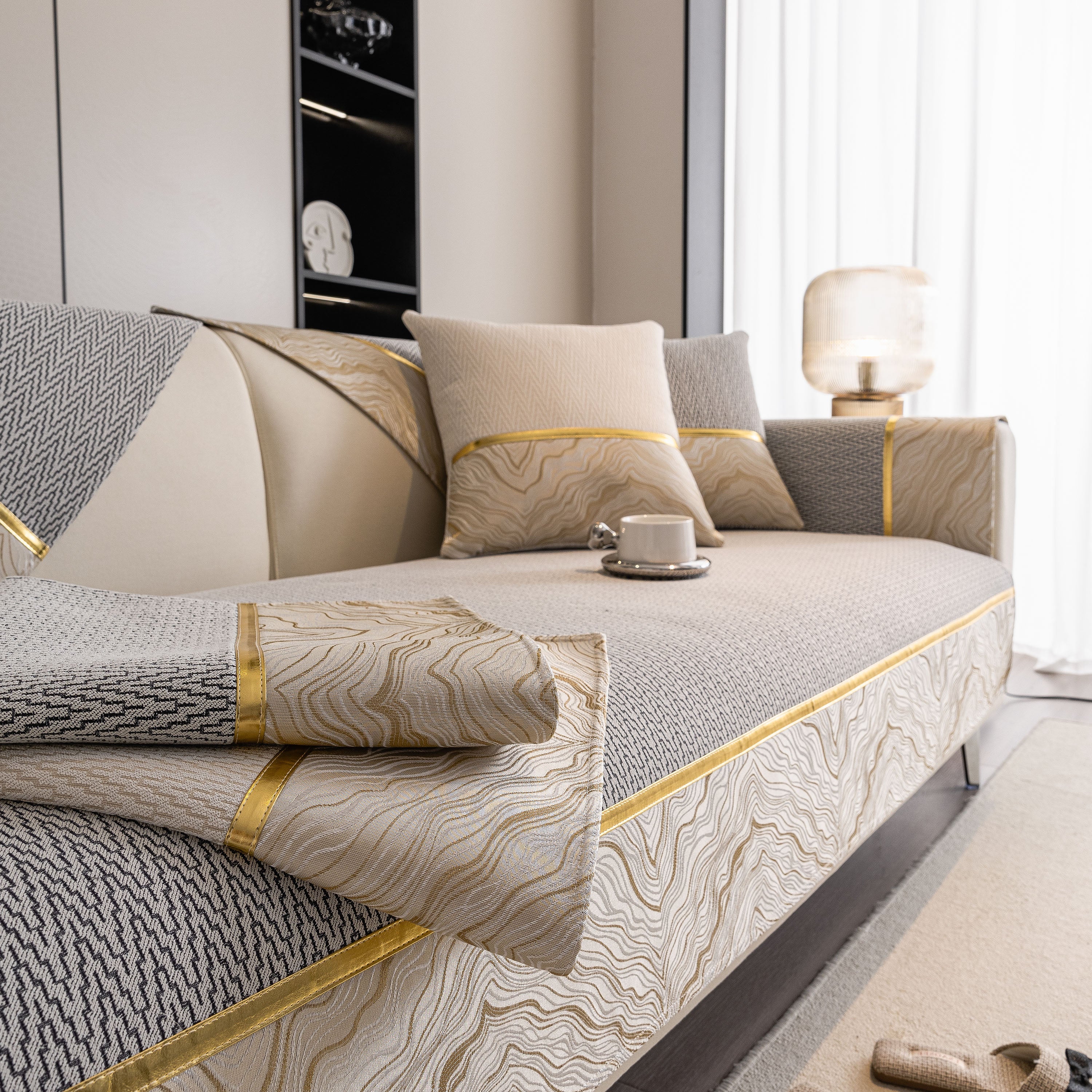 Non-Slip Couch Cover with Gold Trim, Sofa Slipcover for Sectional & Loveseat - Image 48