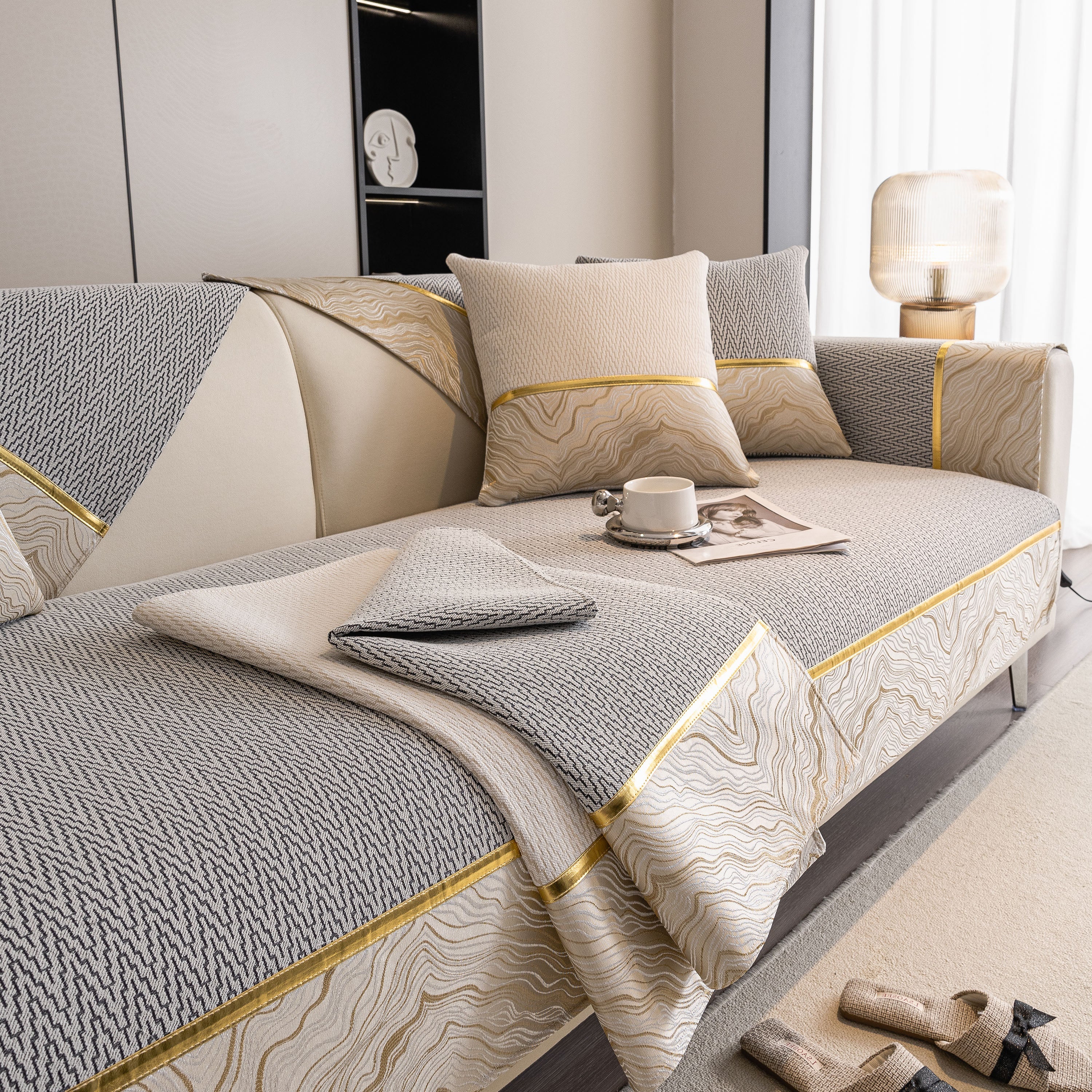 Non-Slip Couch Cover with Gold Trim, Sofa Slipcover for Sectional & Loveseat - Image 68