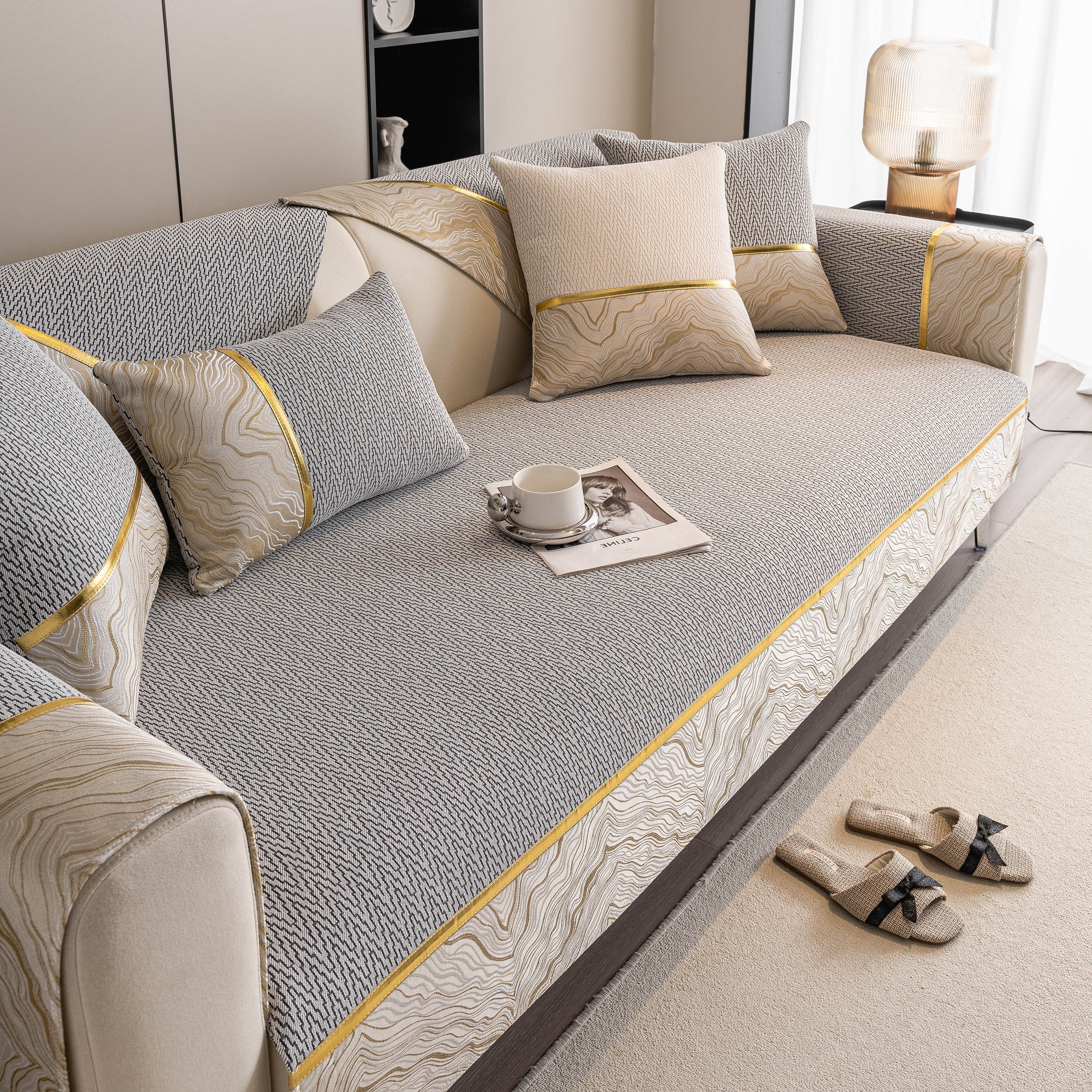 Non-Slip Couch Cover with Gold Trim, Sofa Slipcover for Sectional & Loveseat - Image 70