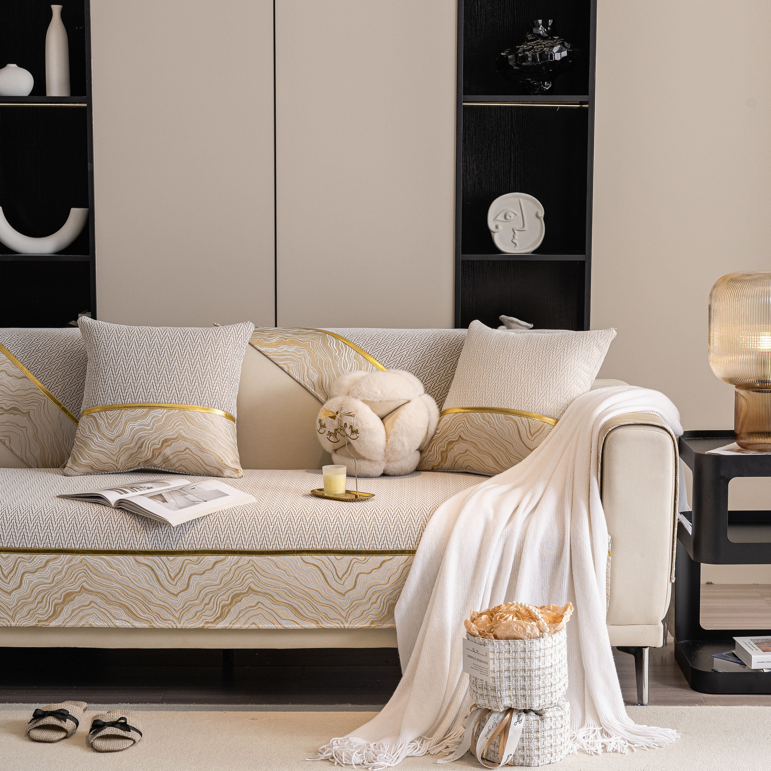 Non-Slip Couch Cover with Gold Trim, Sofa Slipcover for Sectional & Loveseat - Image 88