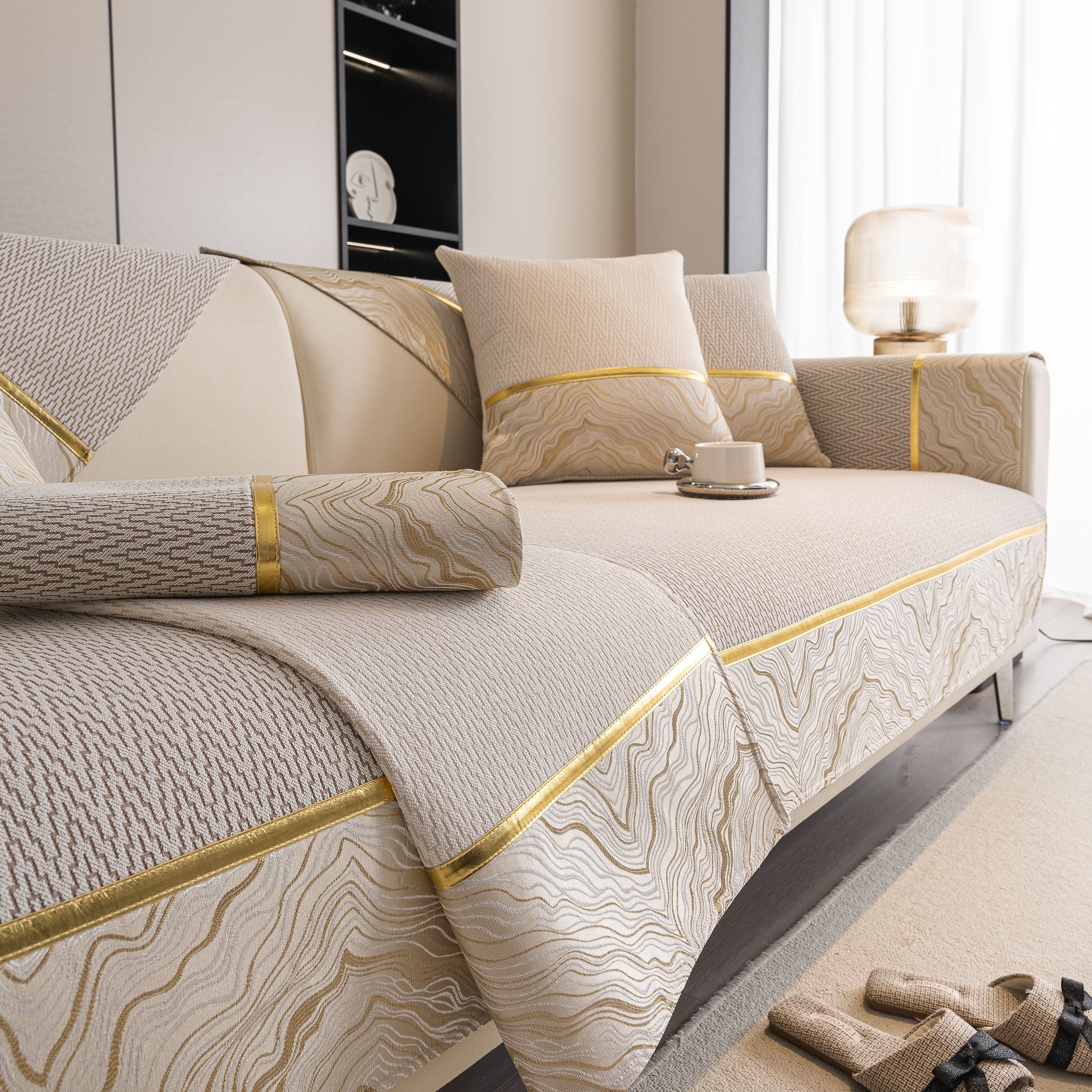 Non-Slip Couch Cover with Gold Trim, Sofa Slipcover for Sectional & Loveseat - Image 95