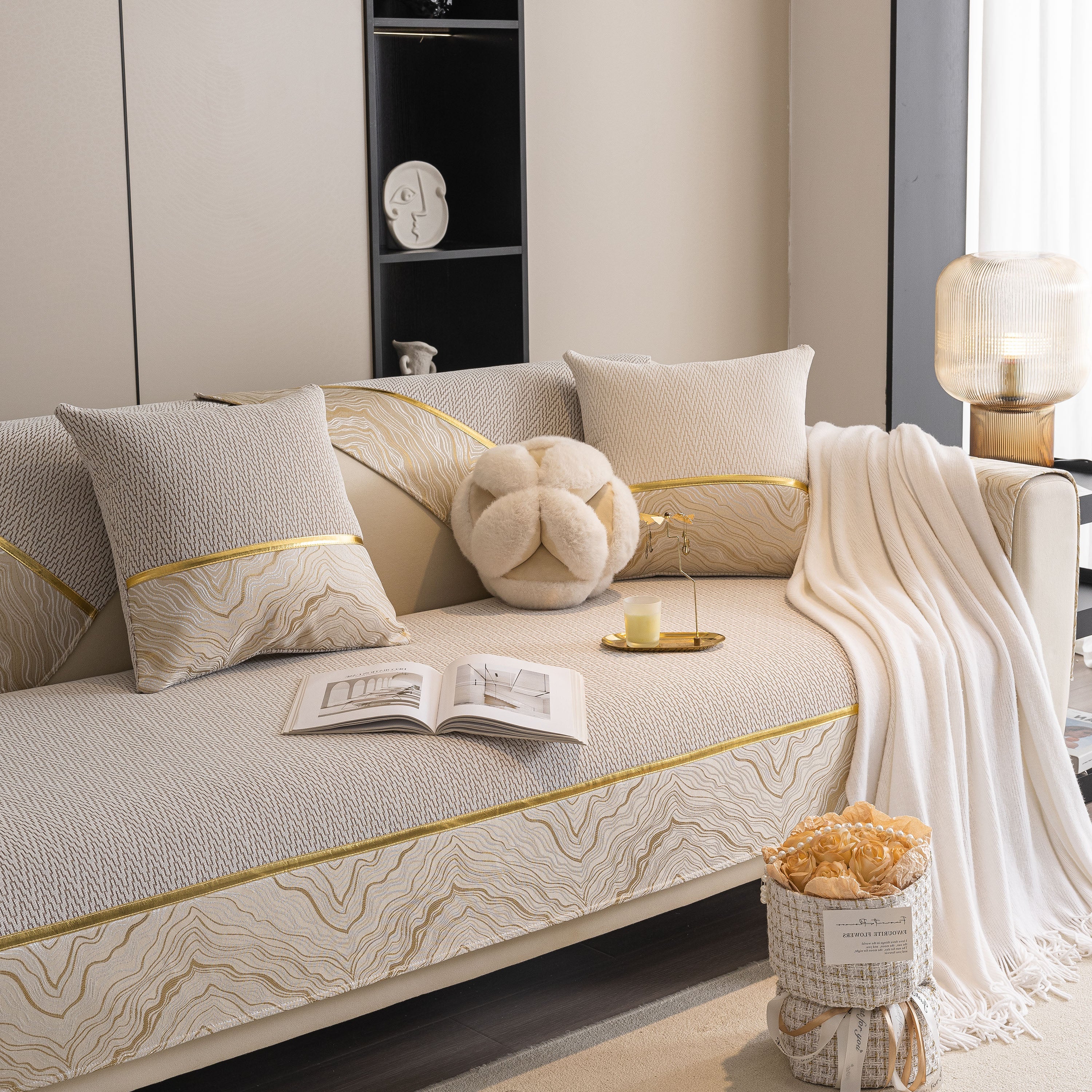 Non-Slip Couch Cover with Gold Trim, Sofa Slipcover for Sectional & Loveseat - Image 98