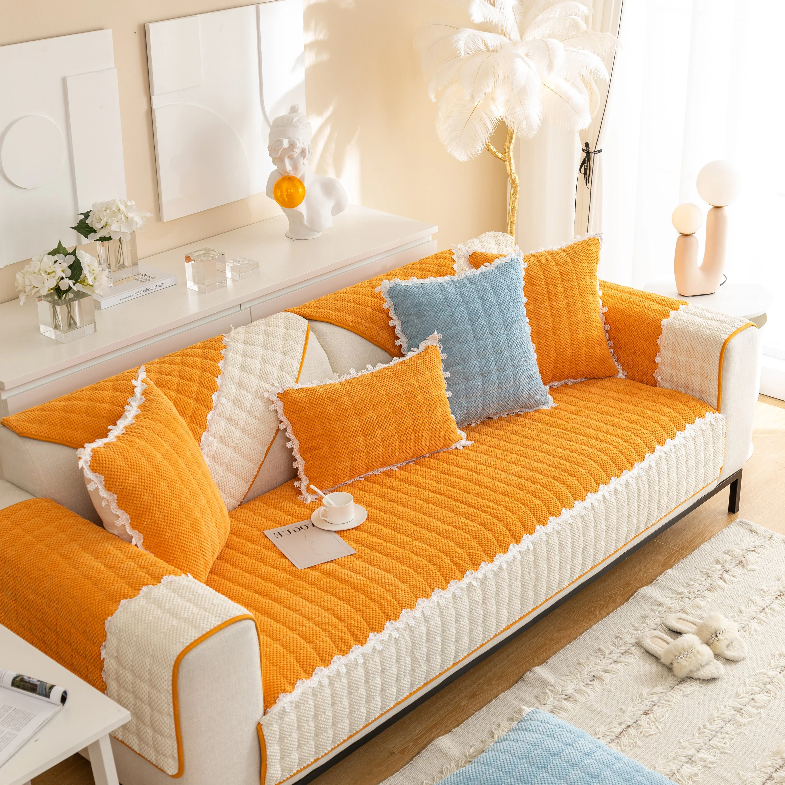 Non-Slip Sectional Couch Cover with Lace, Furniture Protector for Dogs, Pets, and Kids III - Image 55