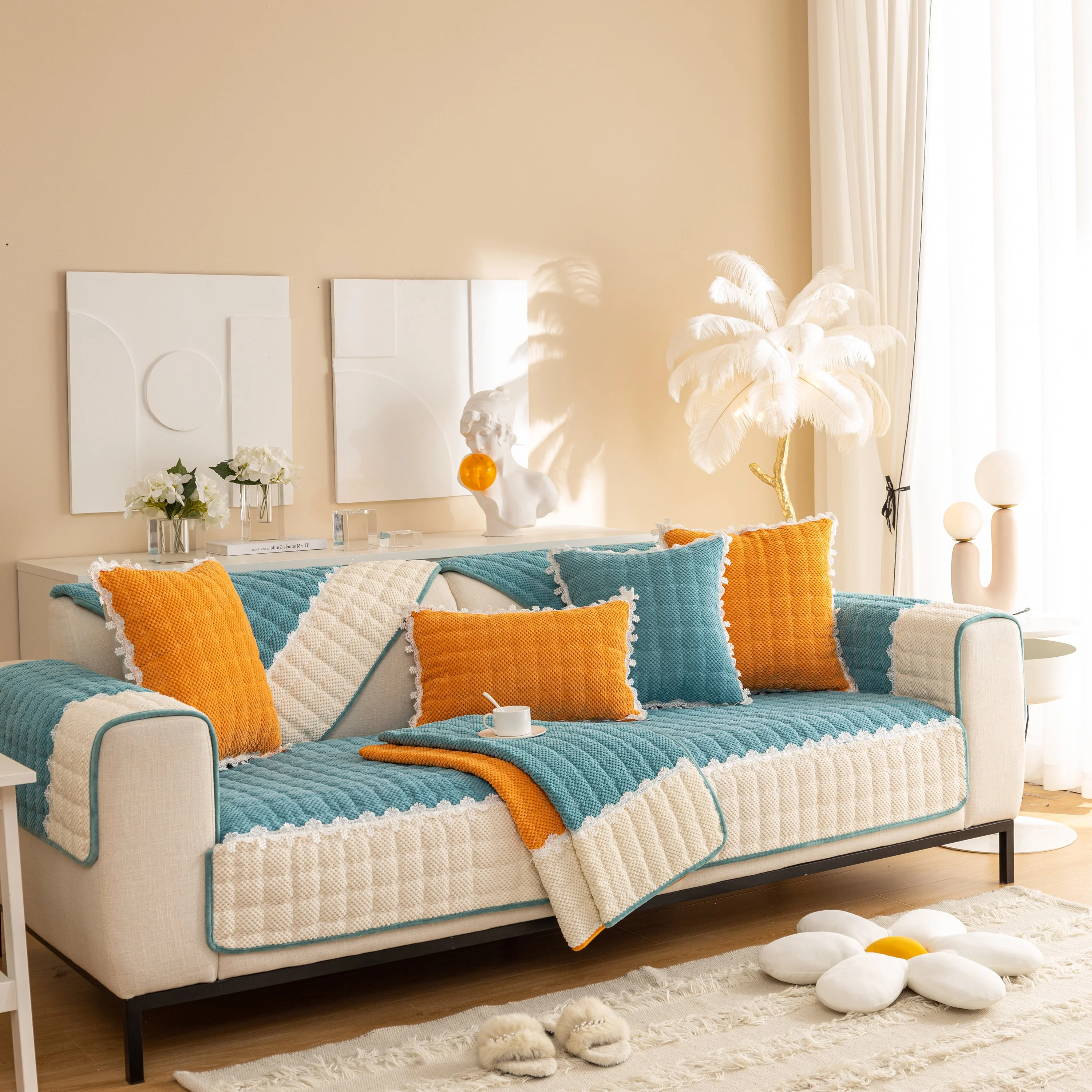 Non-Slip Sectional Couch Cover with Lace, Furniture Protector for Dogs, Pets, and Kids III - Image 64