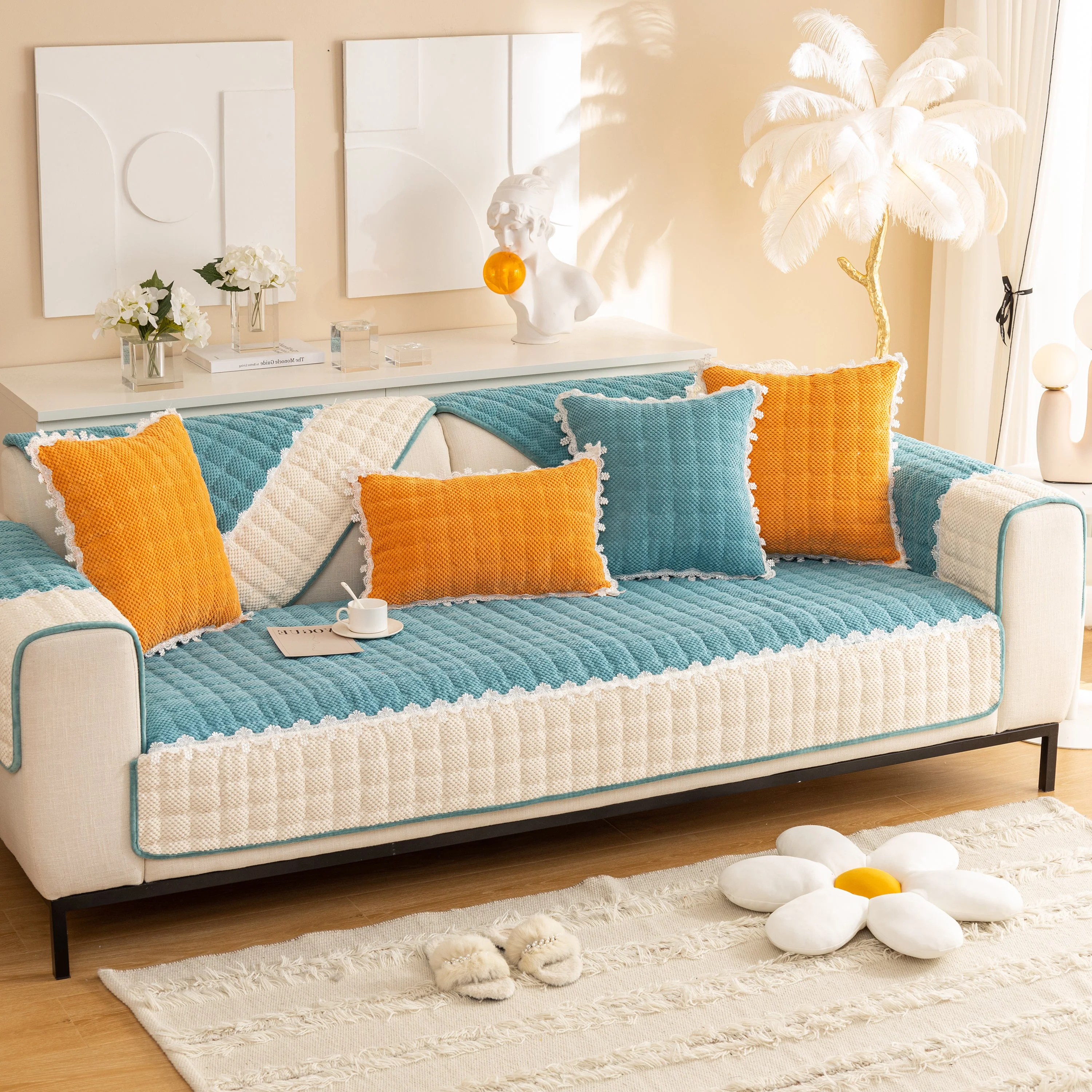 Non-Slip Sectional Couch Cover with Lace, Furniture Protector for Dogs, Pets, and Kids III - Image 74