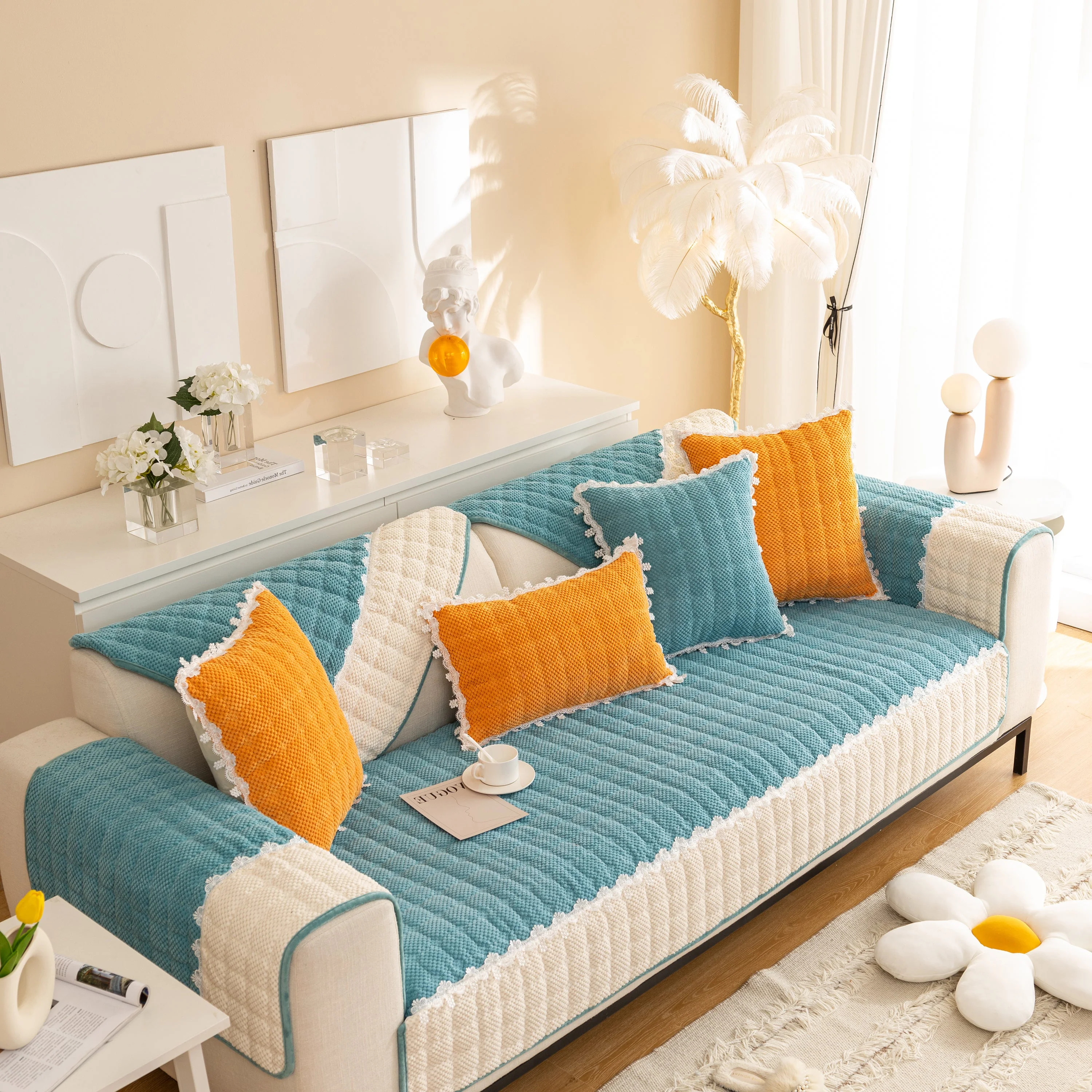 Non-Slip Sectional Couch Cover with Lace, Furniture Protector for Dogs, Pets, and Kids III - Image 76