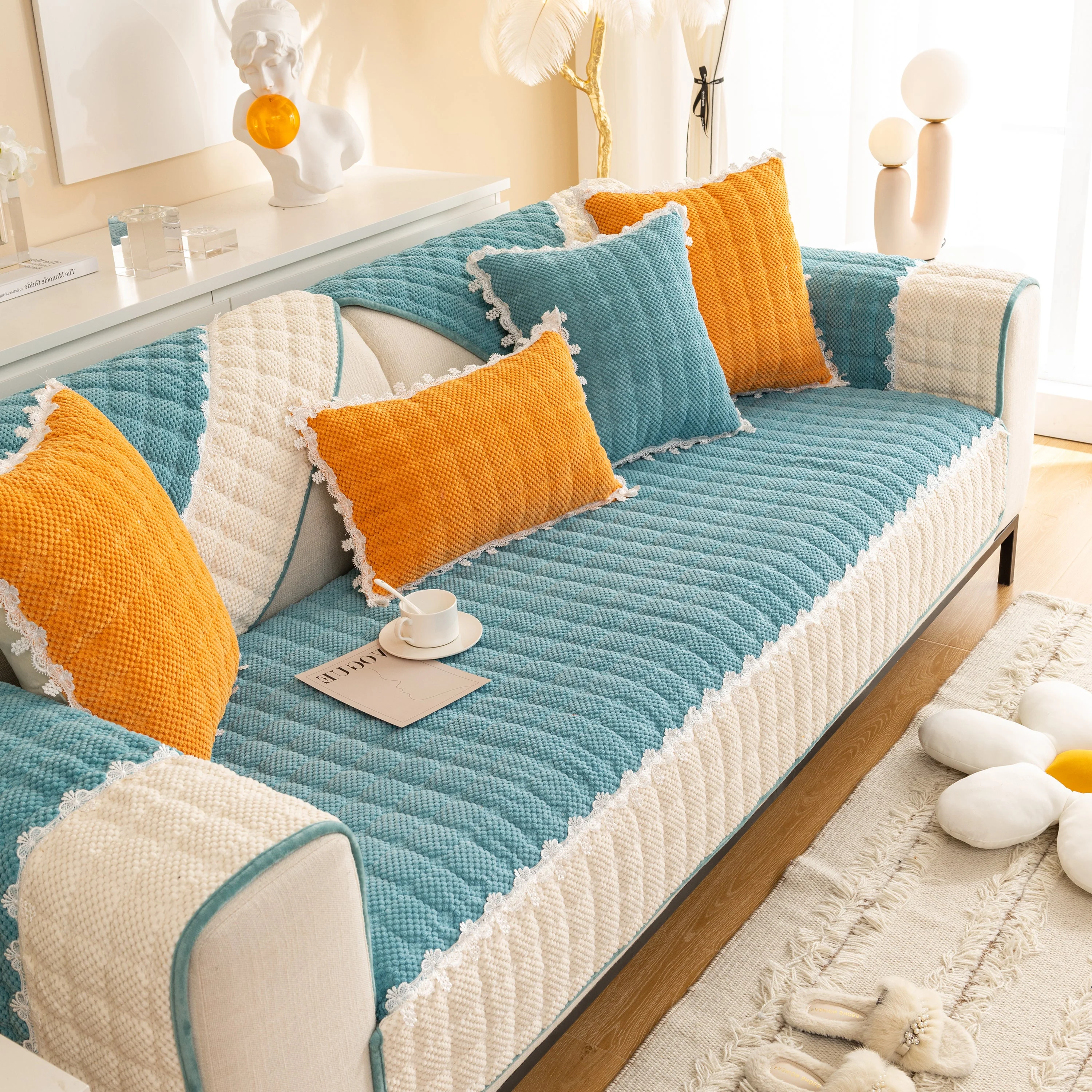 Non-Slip Sectional Couch Cover with Lace, Furniture Protector for Dogs, Pets, and Kids III - Image 78