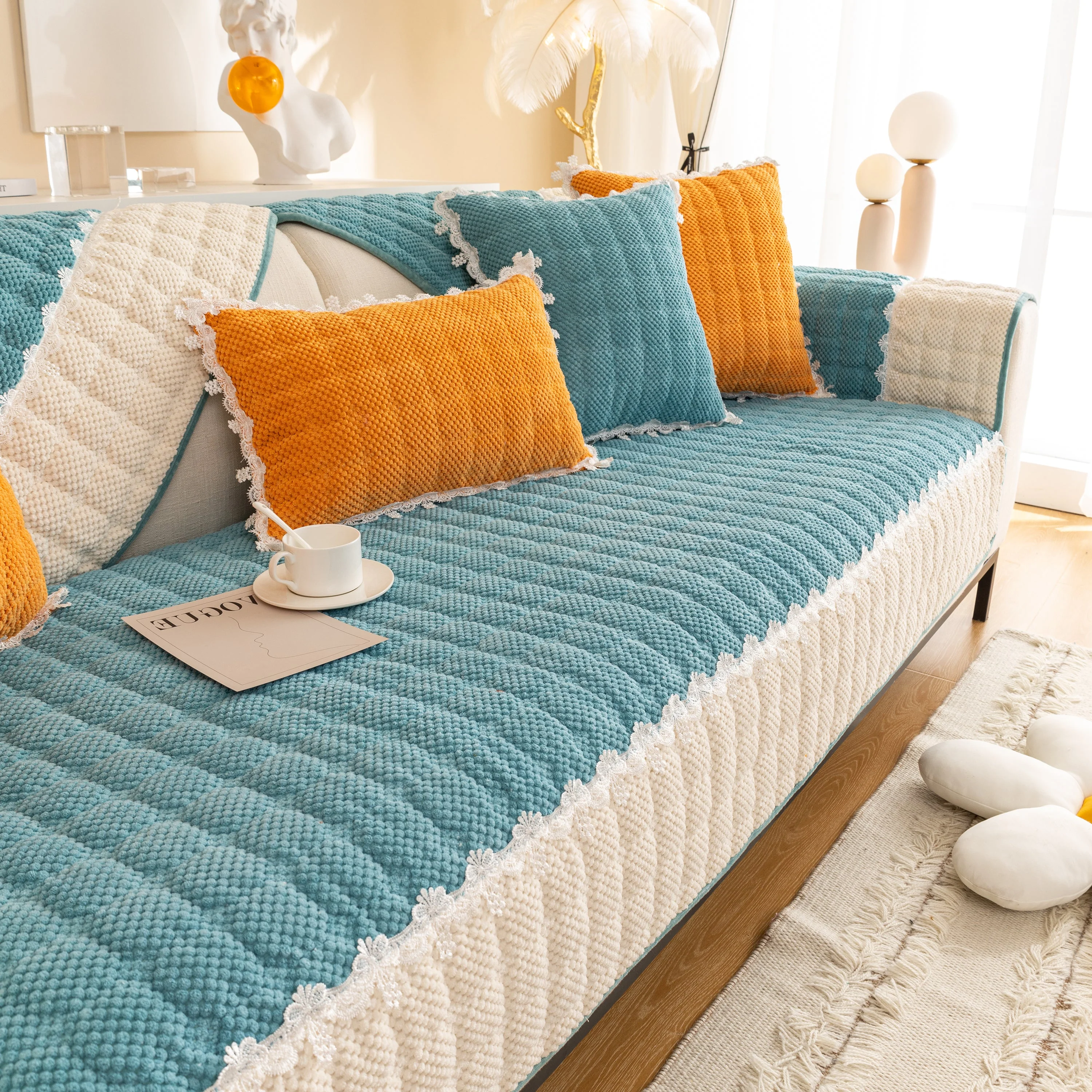 Non-Slip Sectional Couch Cover with Lace, Furniture Protector for Dogs, Pets, and Kids III - Image 80