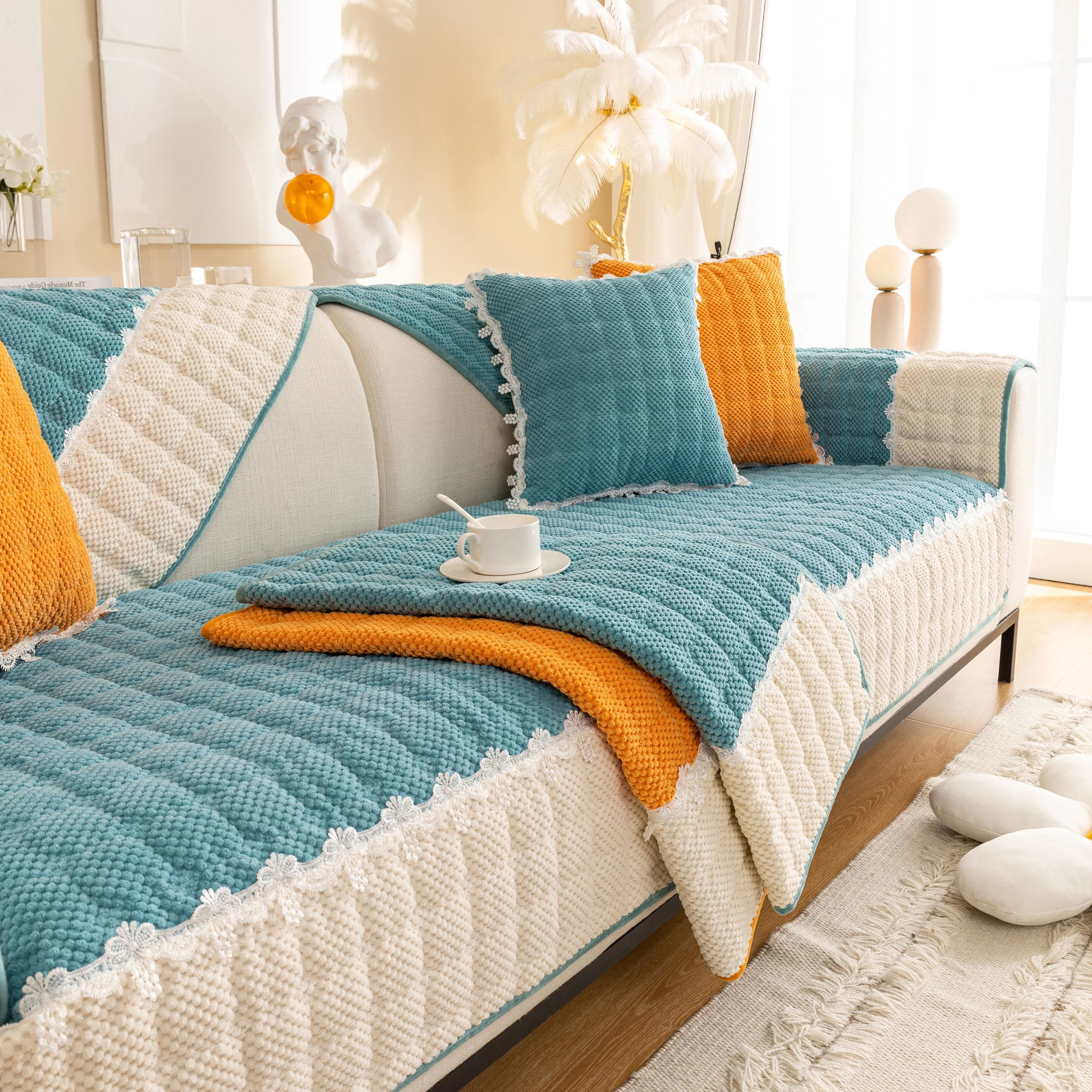Non-Slip Sectional Couch Cover with Lace, Furniture Protector for Dogs, Pets, and Kids III - Image 84