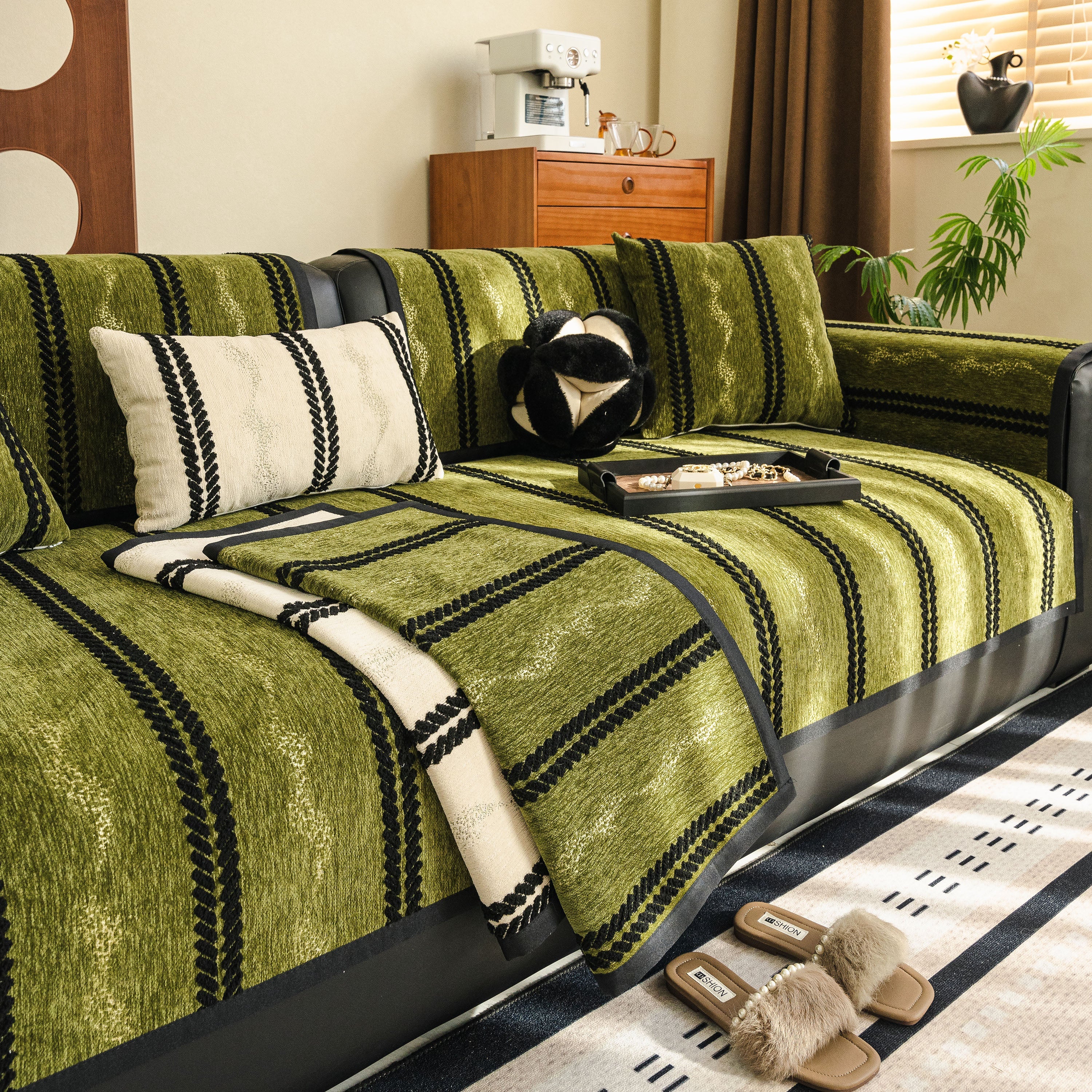 Non-Slip Sofa Cover with Thick Chenille Texture Woven Stripe Couch Protector Throw - Image 10