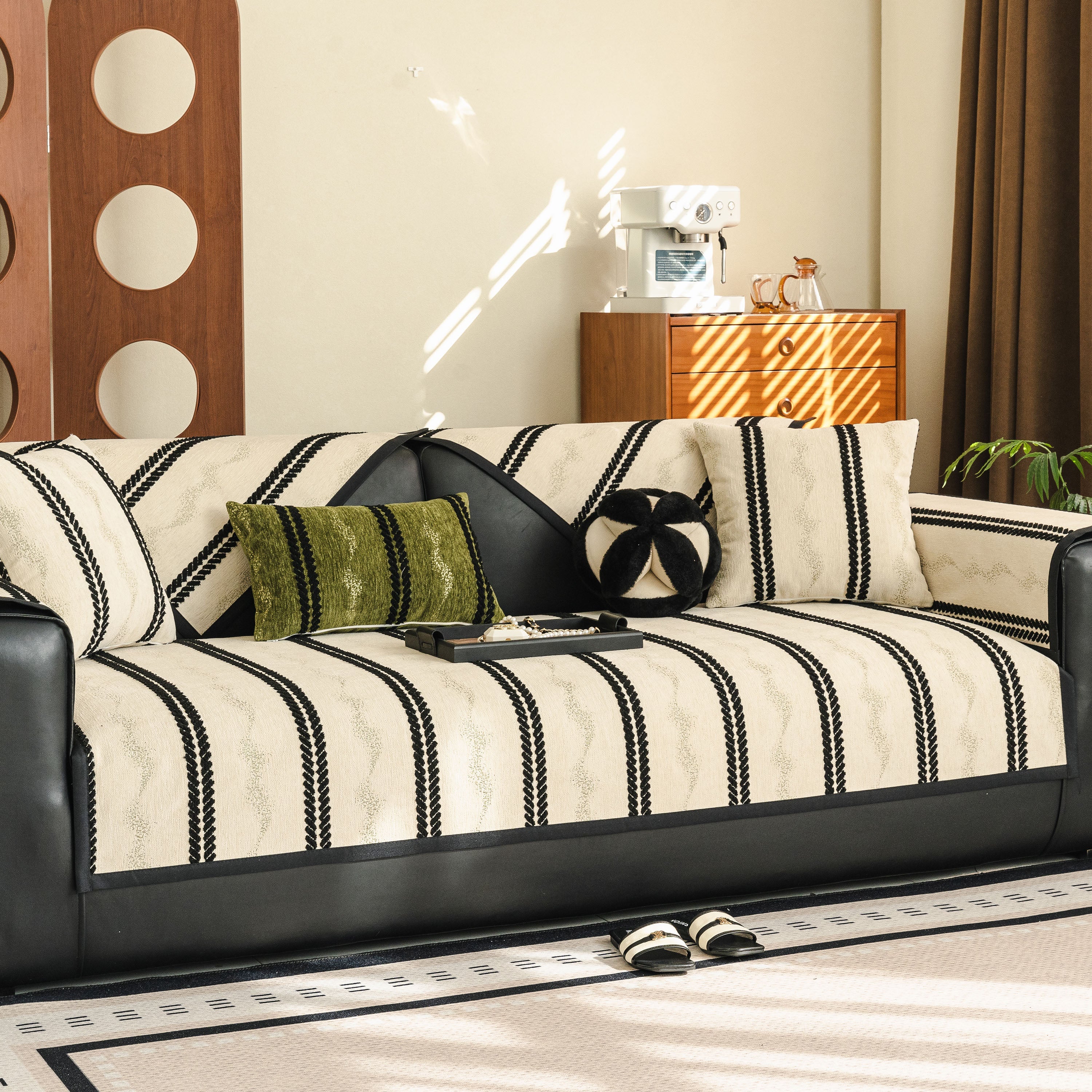 Non-Slip Sofa Cover with Thick Chenille Texture Woven Stripe Couch Protector Throw - Image 100