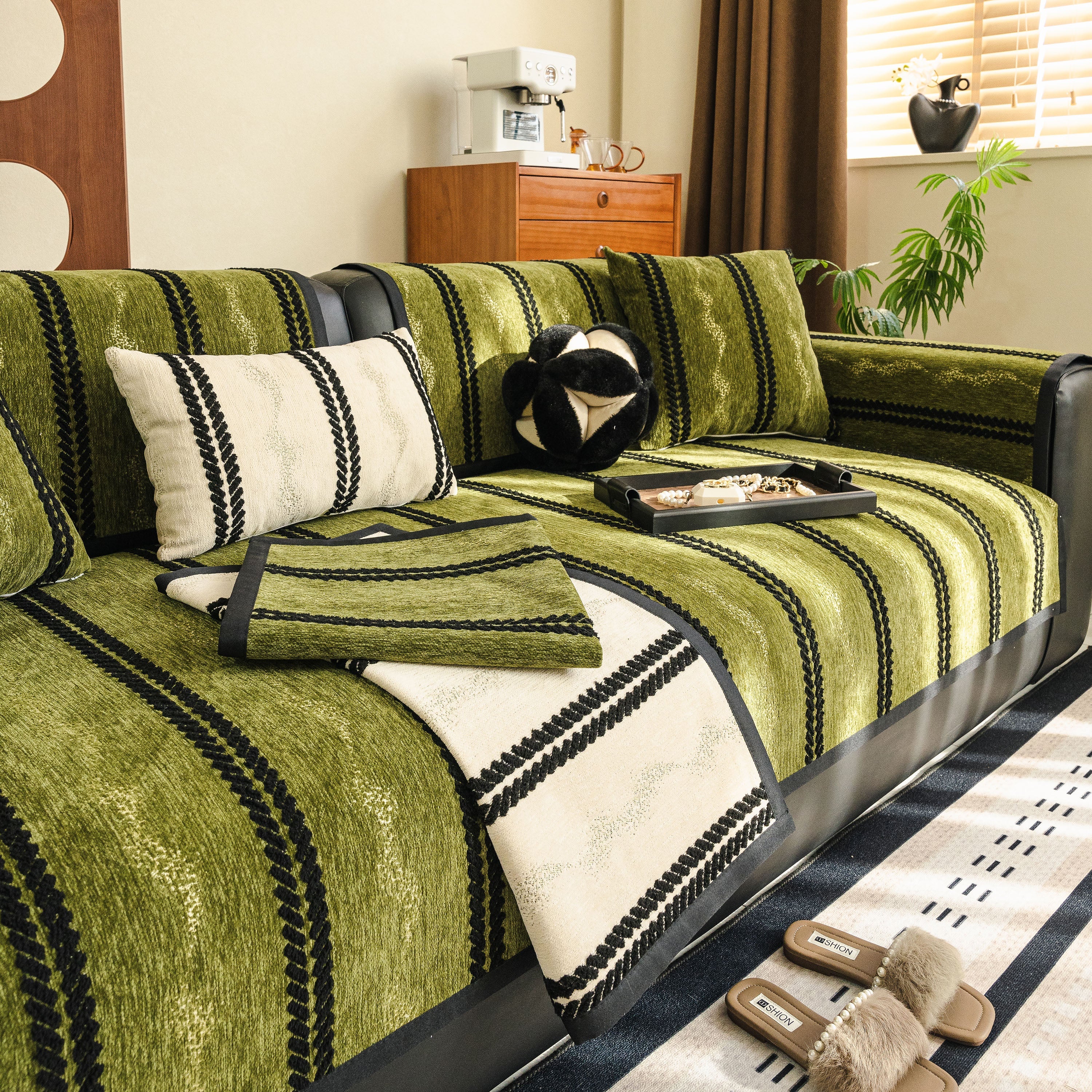 Non-Slip Sofa Cover with Thick Chenille Texture Woven Stripe Couch Protector Throw - Image 17