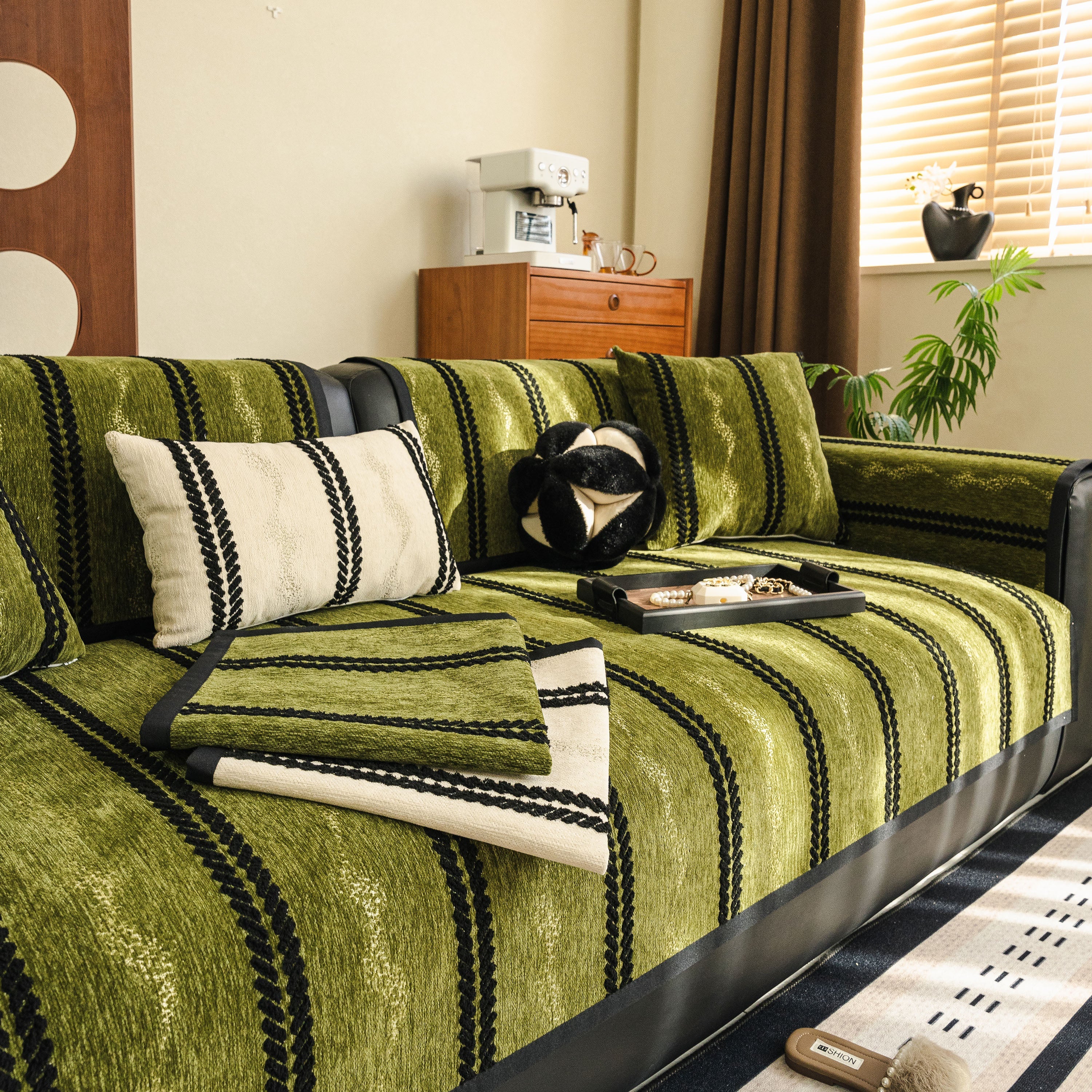 Non-Slip Sofa Cover with Thick Chenille Texture Woven Stripe Couch Protector Throw - Image 25