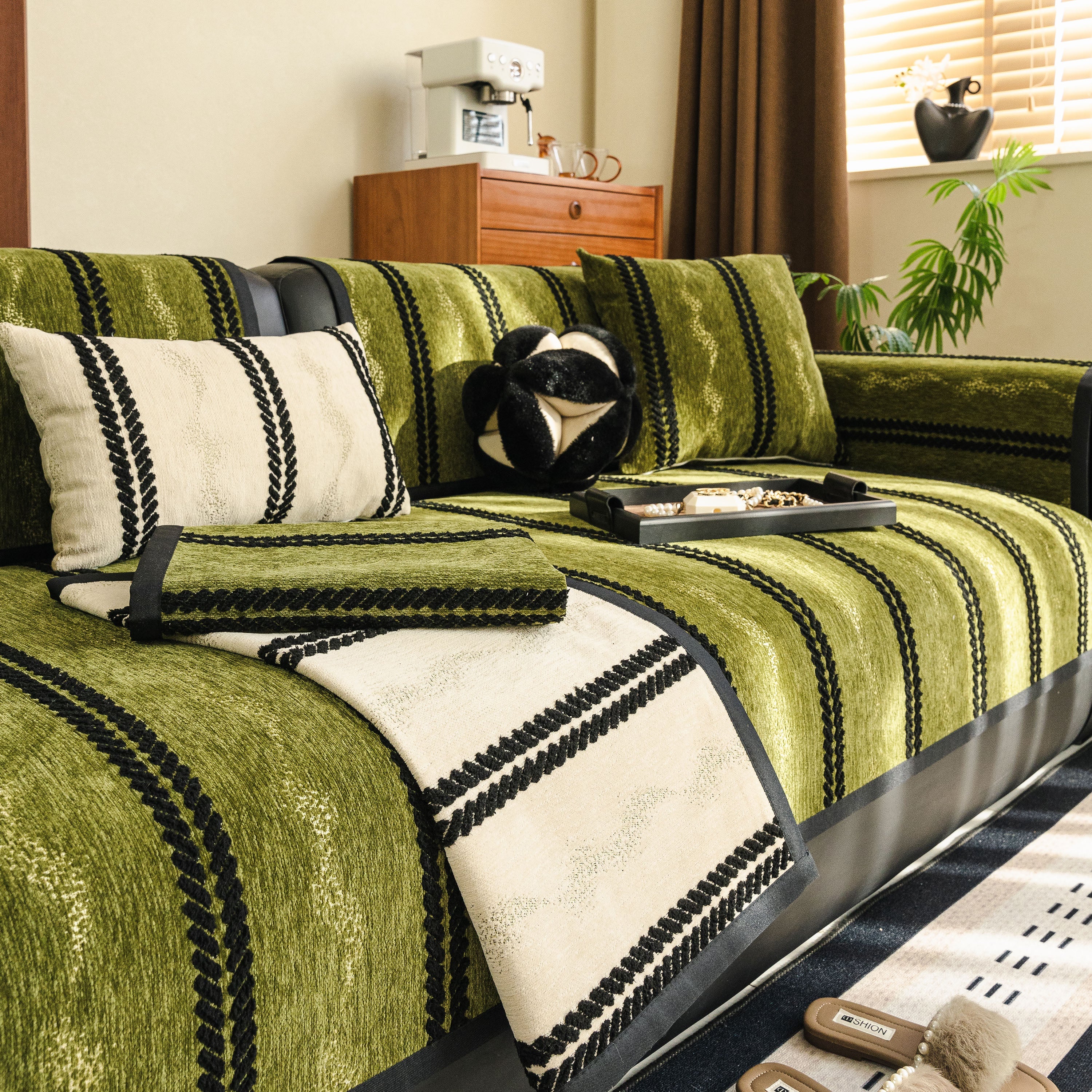 Non-Slip Sofa Cover with Thick Chenille Texture Woven Stripe Couch Protector Throw - Image 27