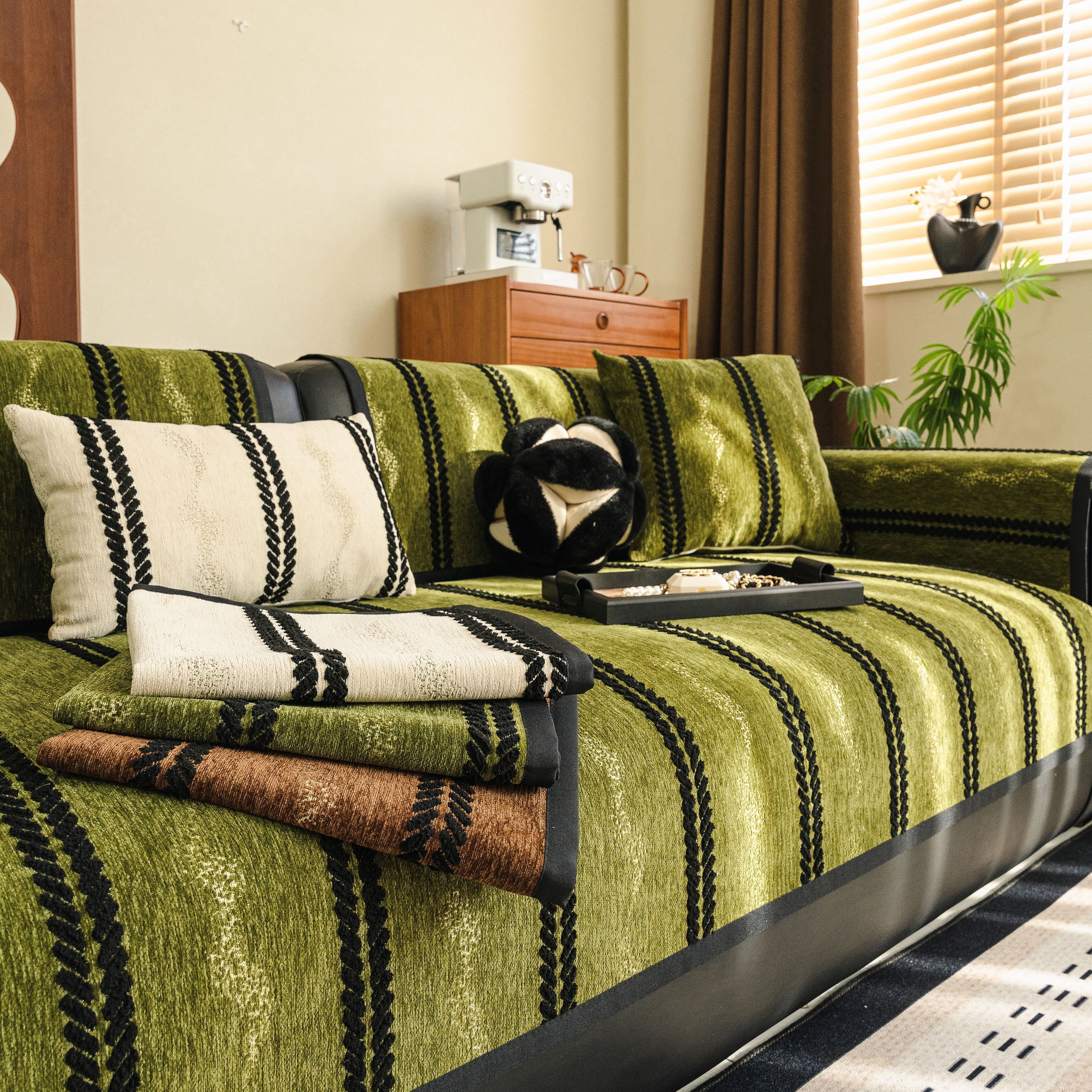 Non-Slip Sofa Cover with Thick Chenille Texture Woven Stripe Couch Protector Throw - Image 28