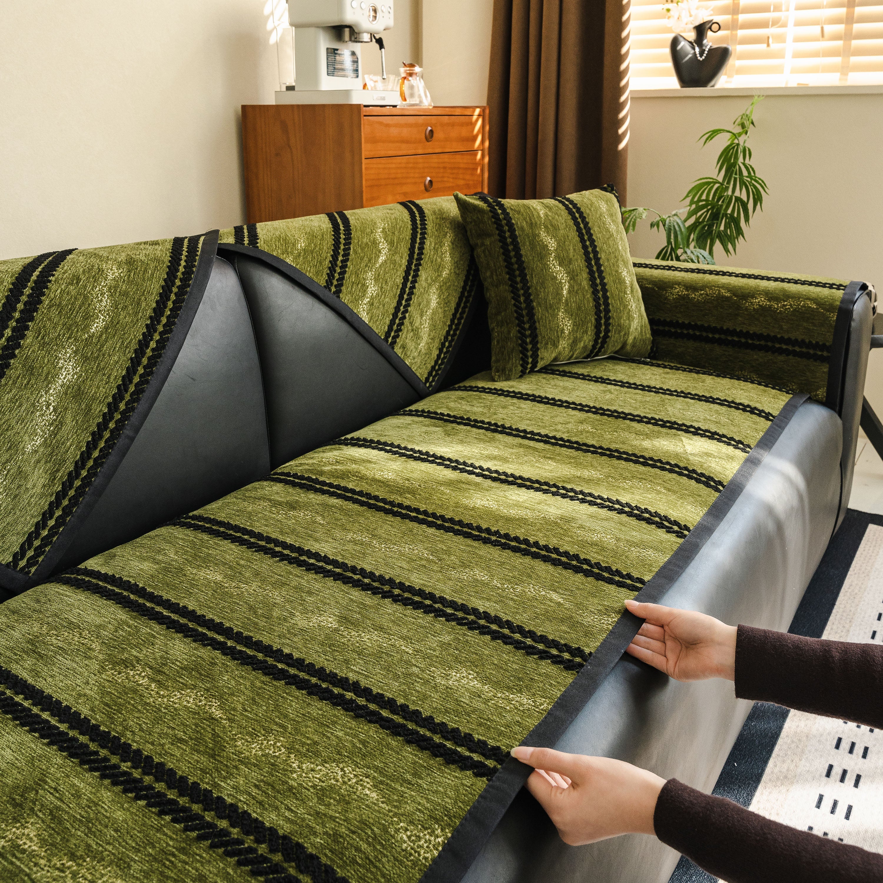 Non-Slip Sofa Cover with Thick Chenille Texture Woven Stripe Couch Protector Throw - Image 30