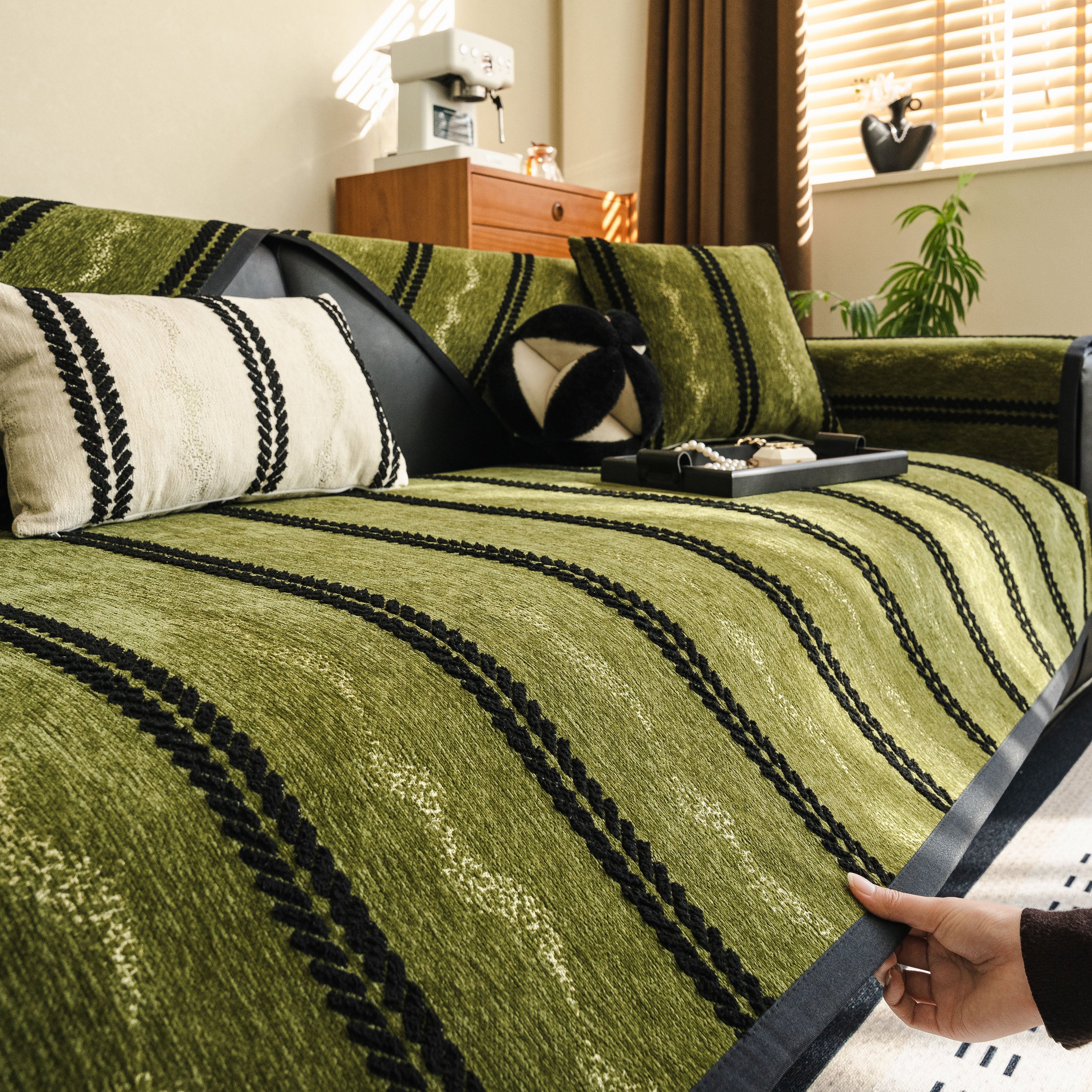 Non-Slip Sofa Cover with Thick Chenille Texture Woven Stripe Couch Protector Throw - Image 31