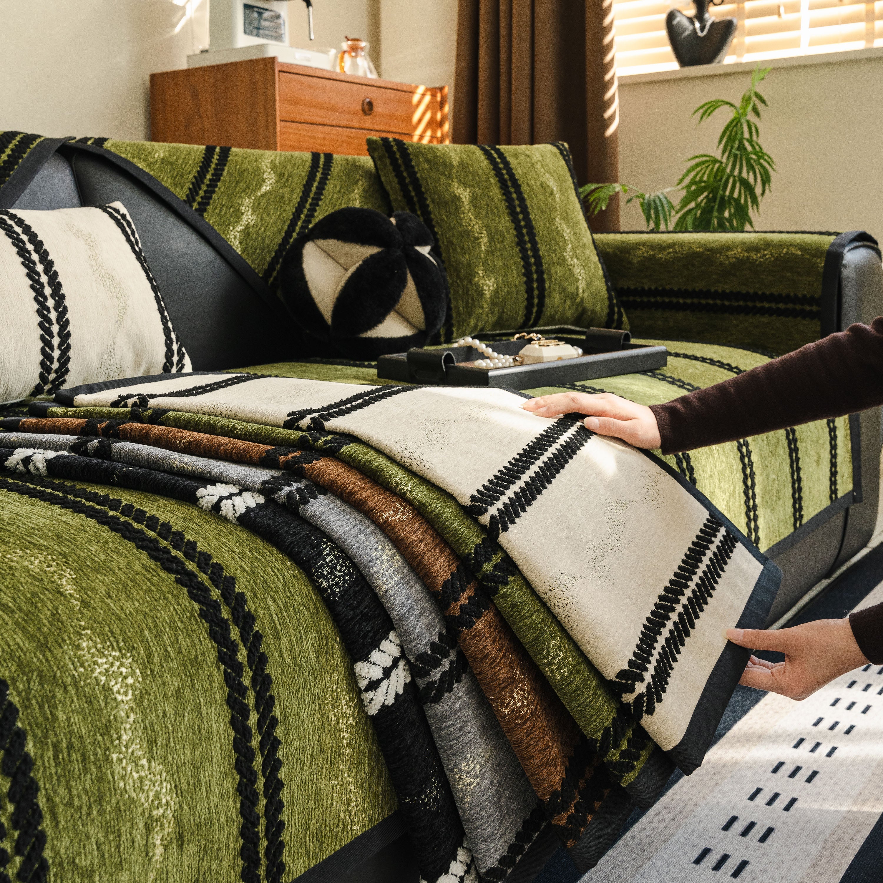 Non-Slip Sofa Cover with Thick Chenille Texture Woven Stripe Couch Protector Throw - Image 32