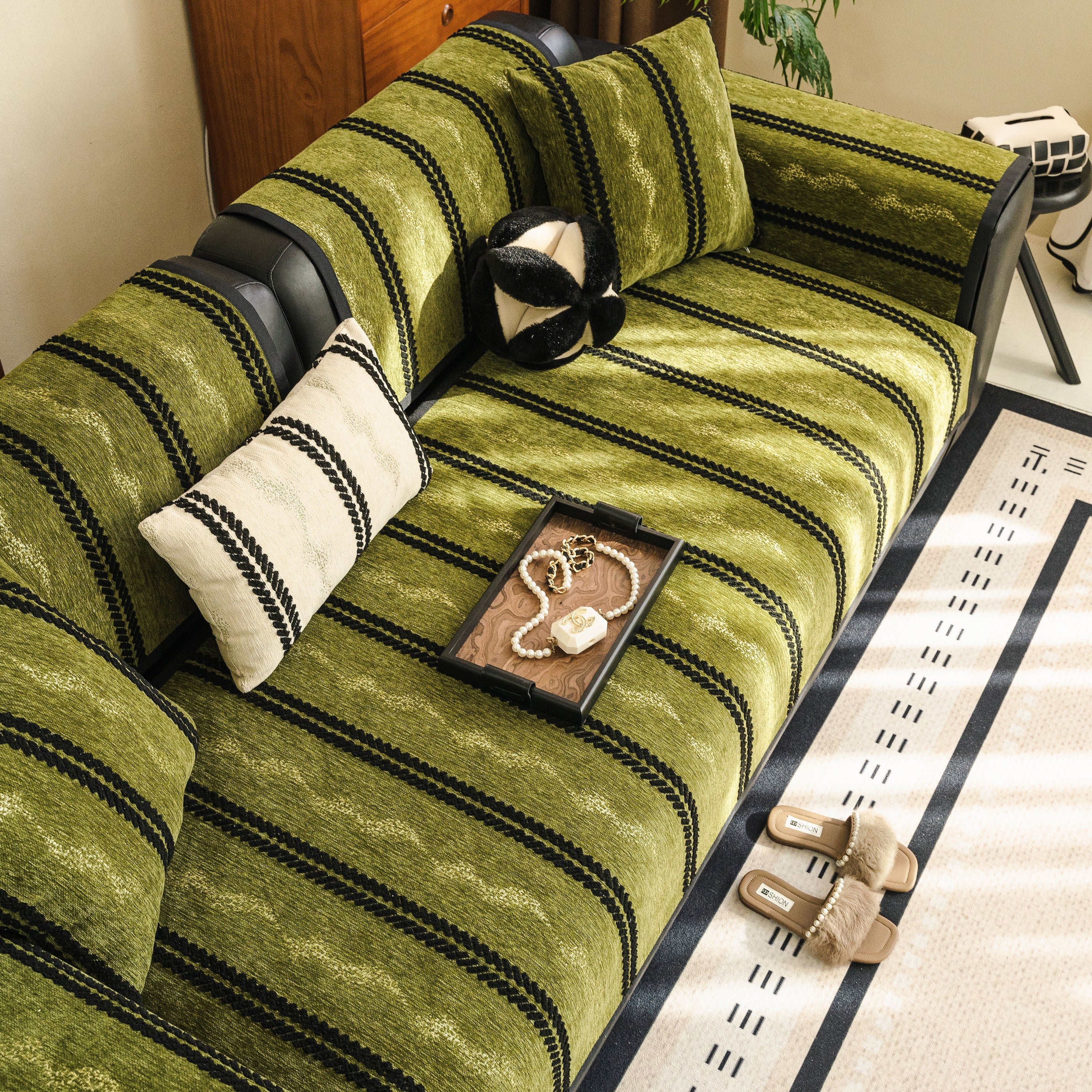 Non-Slip Sofa Cover with Thick Chenille Texture Woven Stripe Couch Protector Throw - Image 34