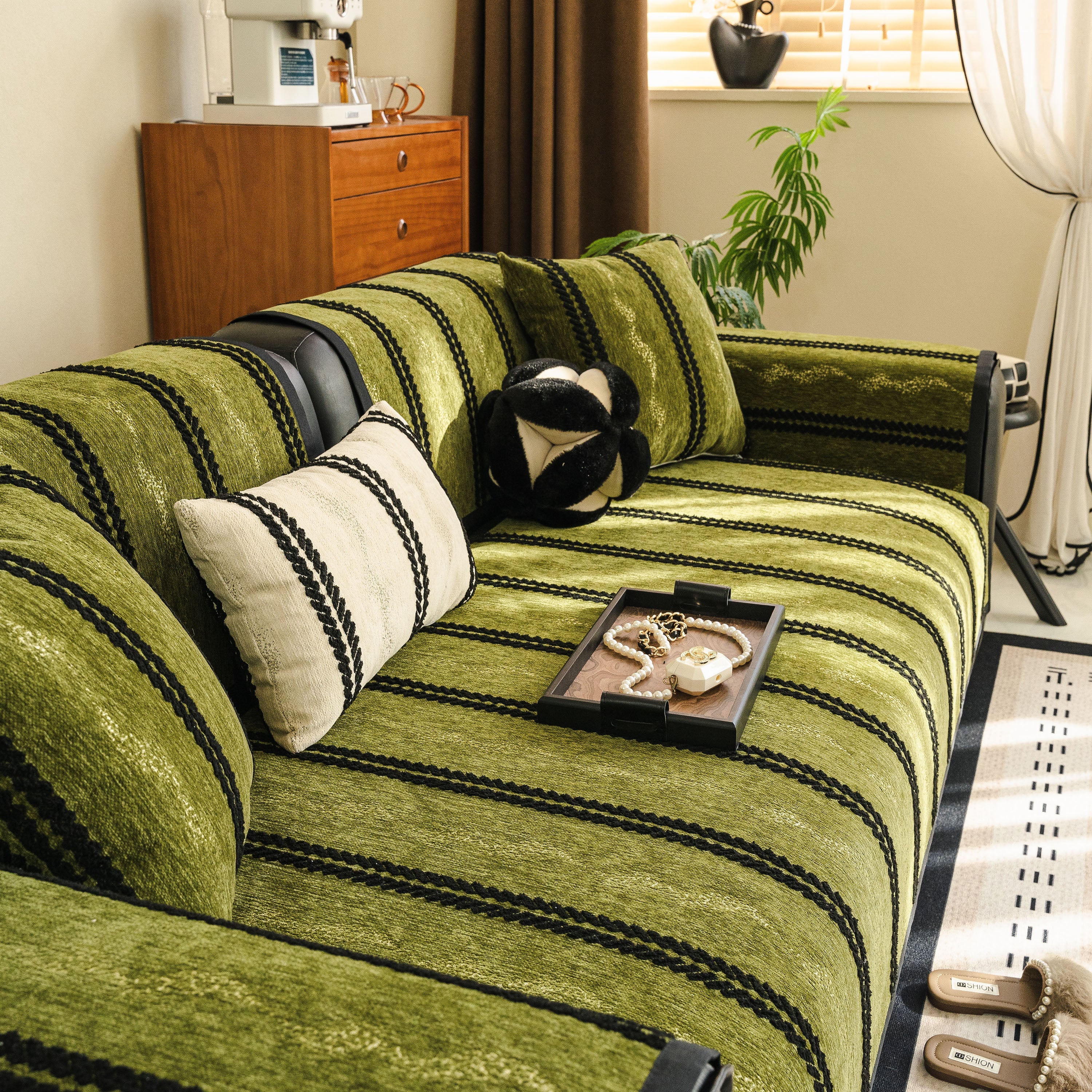 Non-Slip Sofa Cover with Thick Chenille Texture Woven Stripe Couch Protector Throw - Image 35