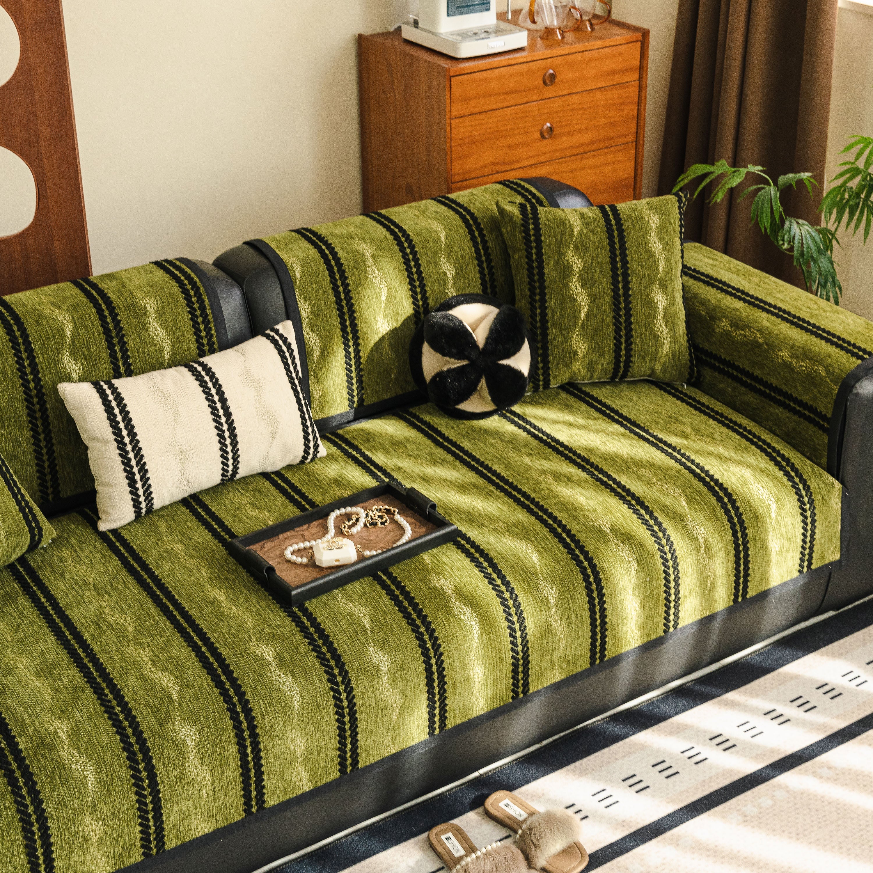 Non-Slip Sofa Cover with Thick Chenille Texture Woven Stripe Couch Protector Throw - Image 36