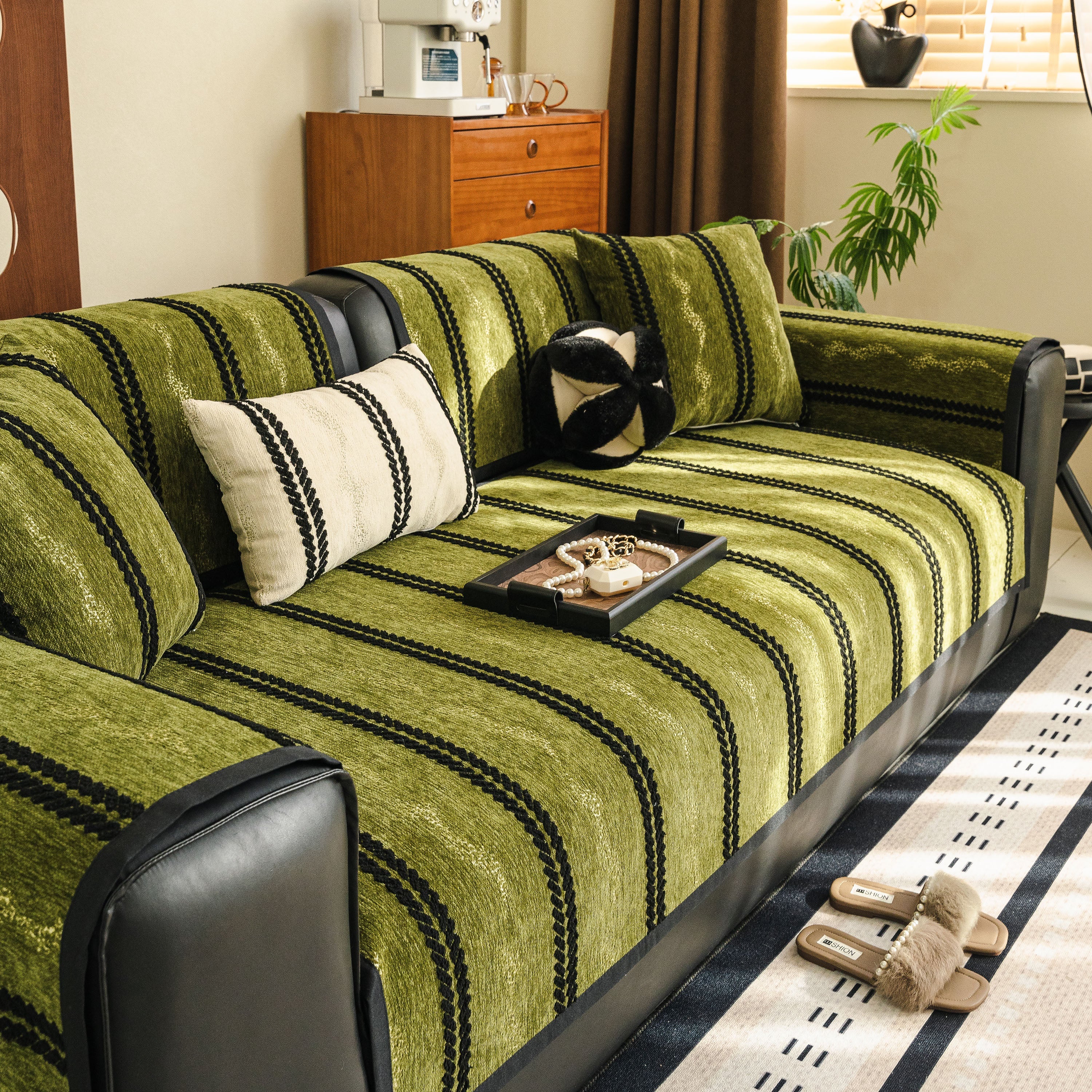 Non-Slip Sofa Cover with Thick Chenille Texture Woven Stripe Couch Protector Throw - Image 37