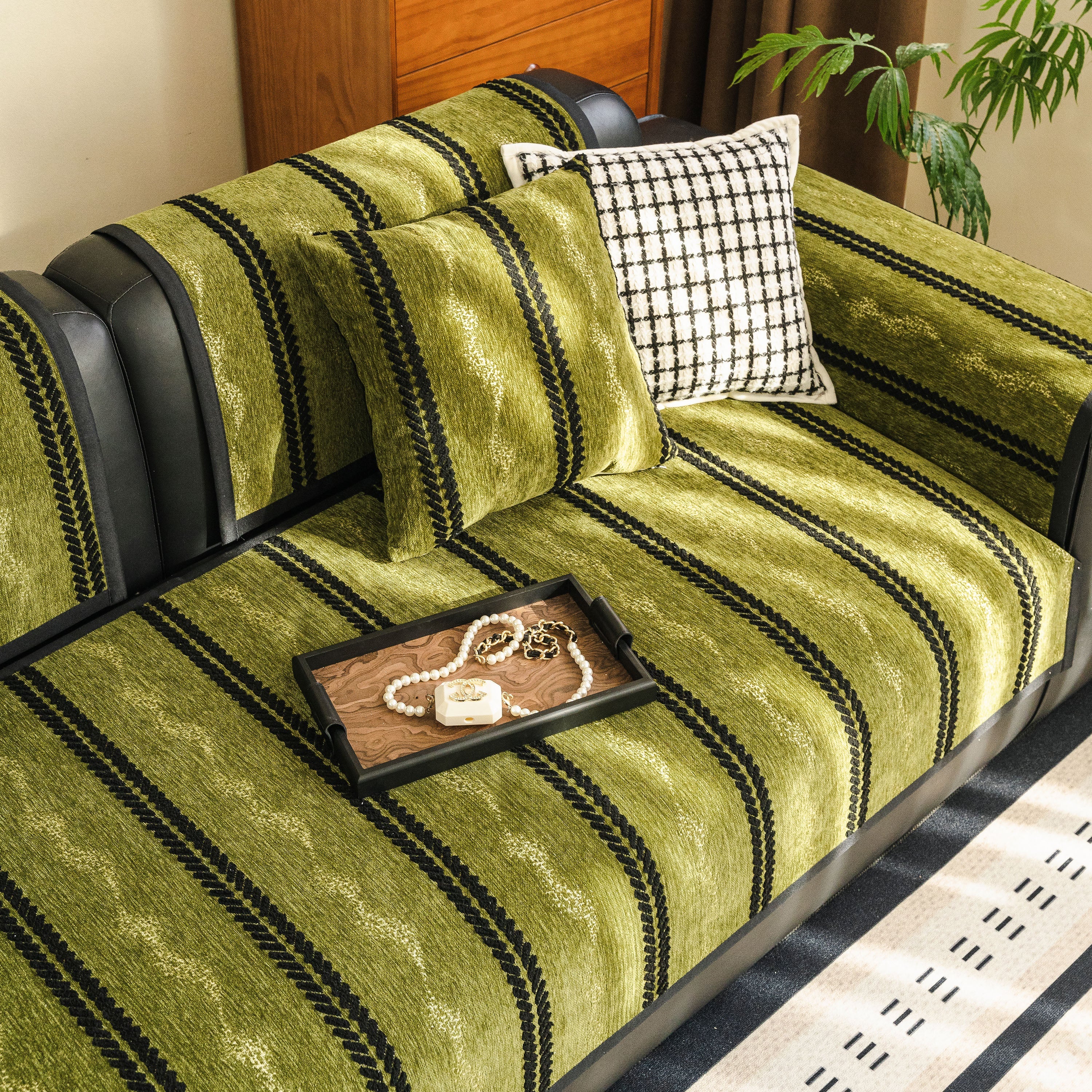 Non-Slip Sofa Cover with Thick Chenille Texture Woven Stripe Couch Protector Throw - Image 40