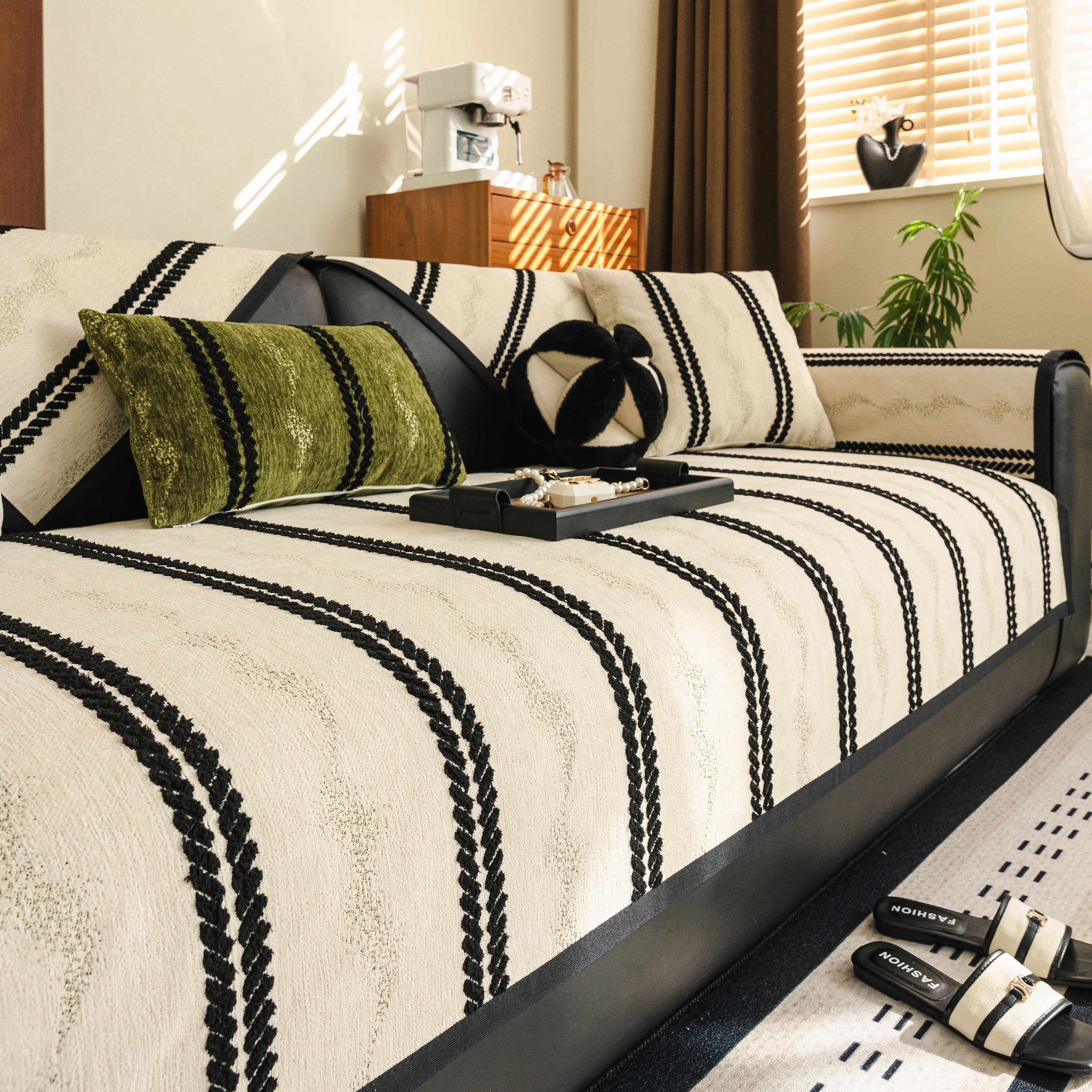 Non-Slip Sofa Cover with Thick Chenille Texture Woven Stripe Couch Protector Throw - Image 41