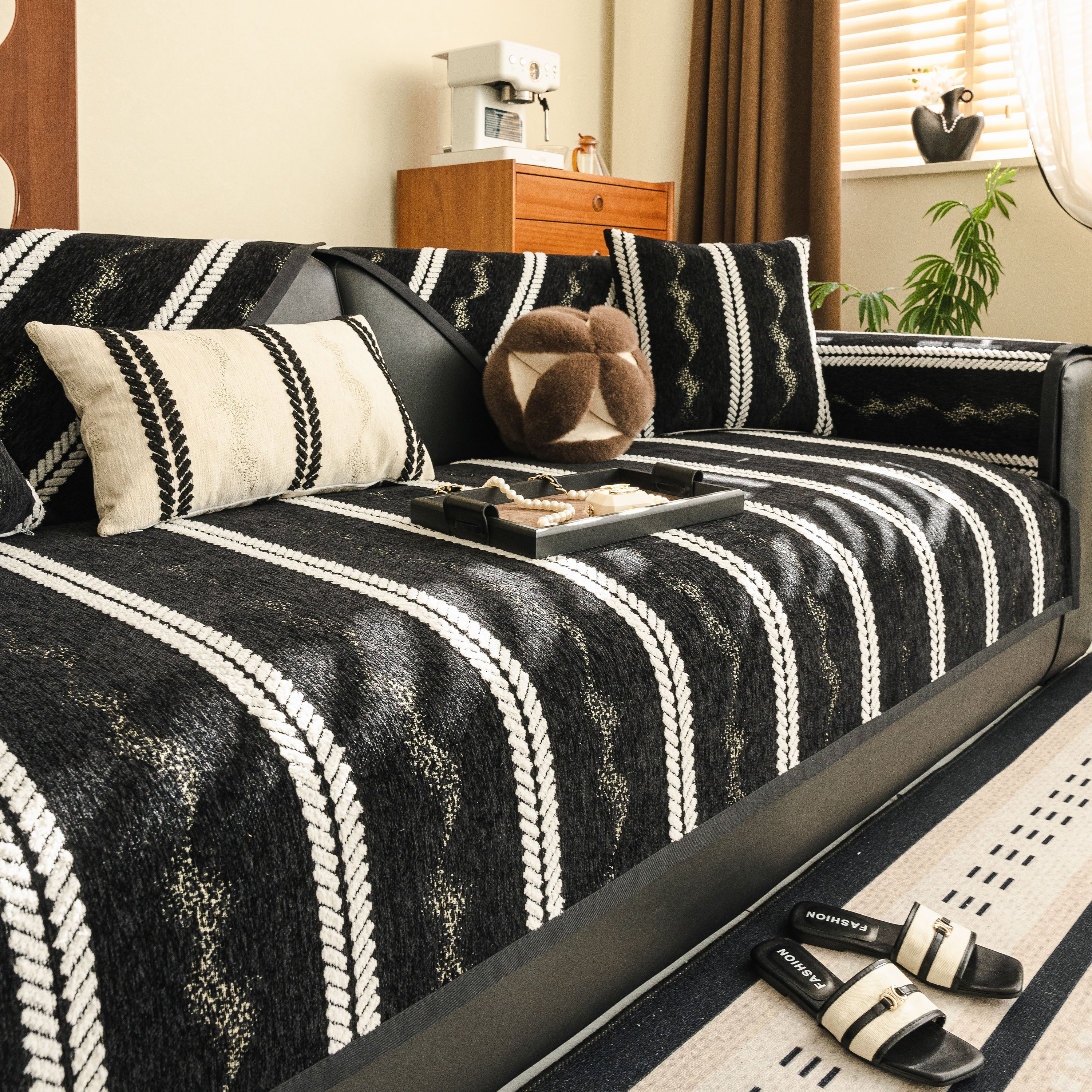 Non-Slip Sofa Cover with Thick Chenille Texture Woven Stripe Couch Protector Throw - Image 42