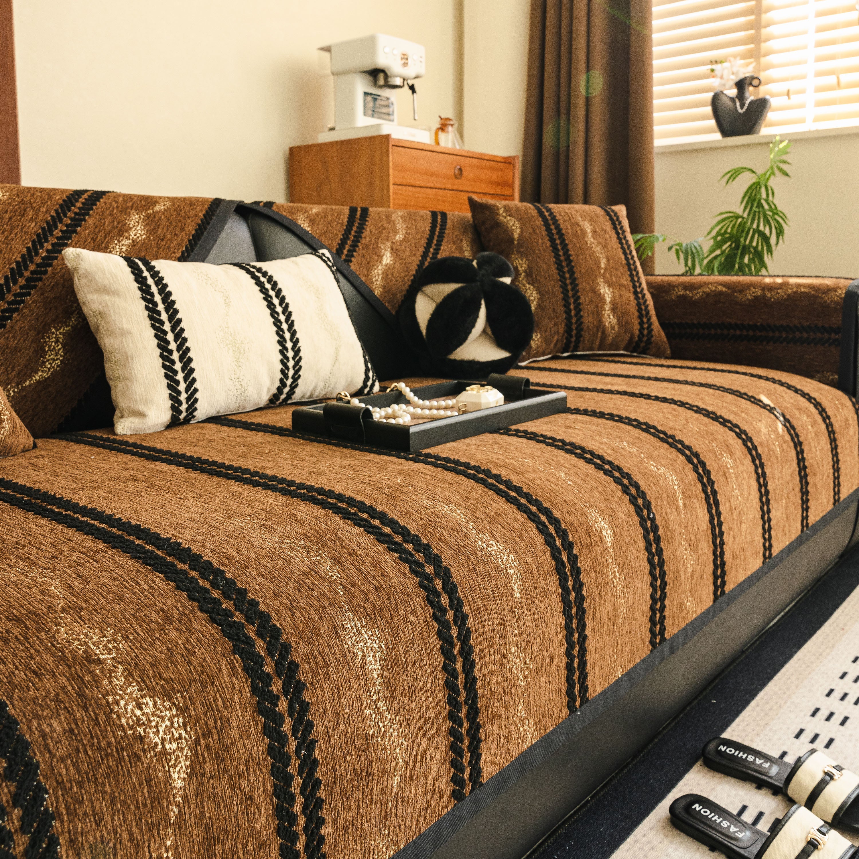 Non-Slip Sofa Cover with Thick Chenille Texture Woven Stripe Couch Protector Throw - Image 43