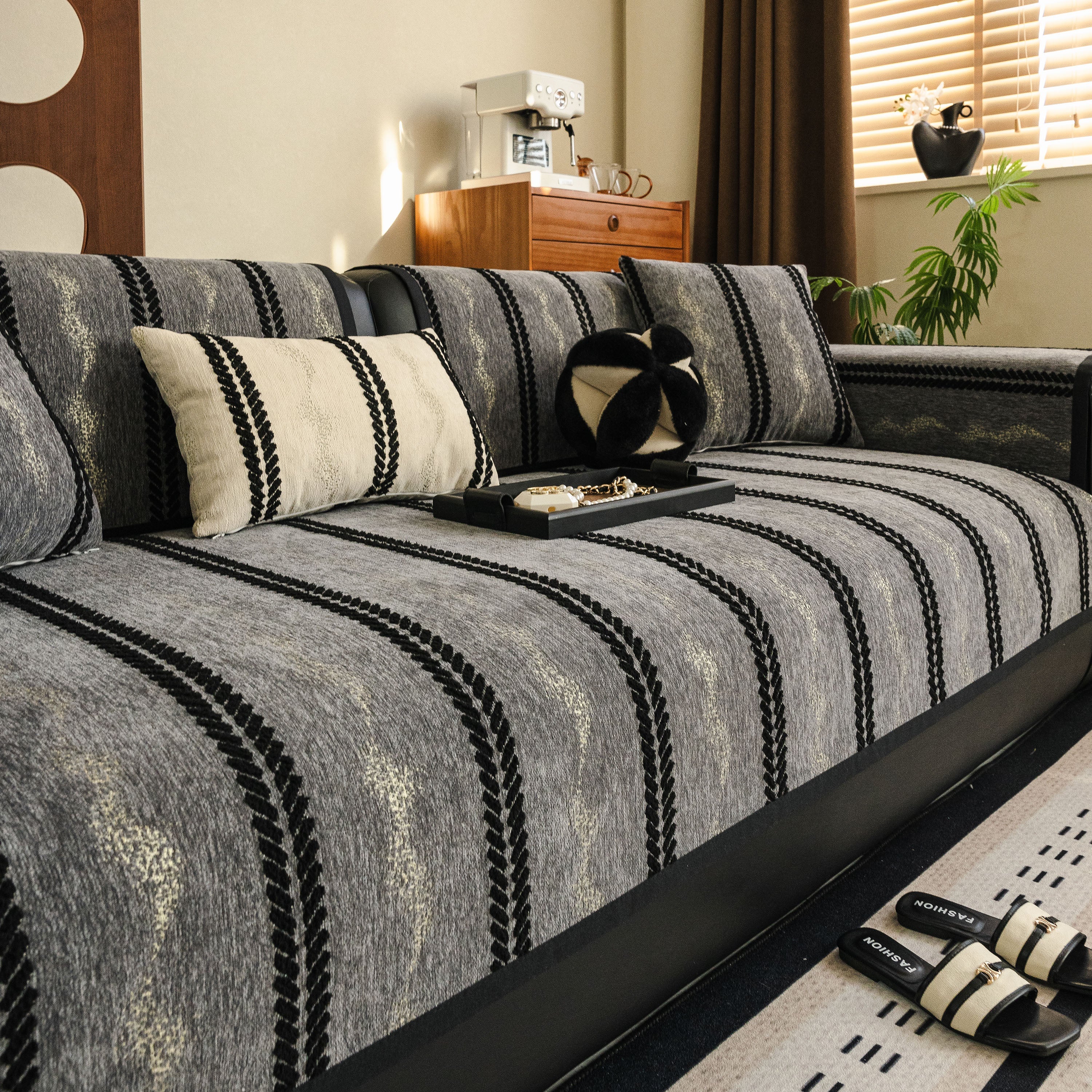 Non-Slip Sofa Cover with Thick Chenille Texture Woven Stripe Couch Protector Throw - Image 44