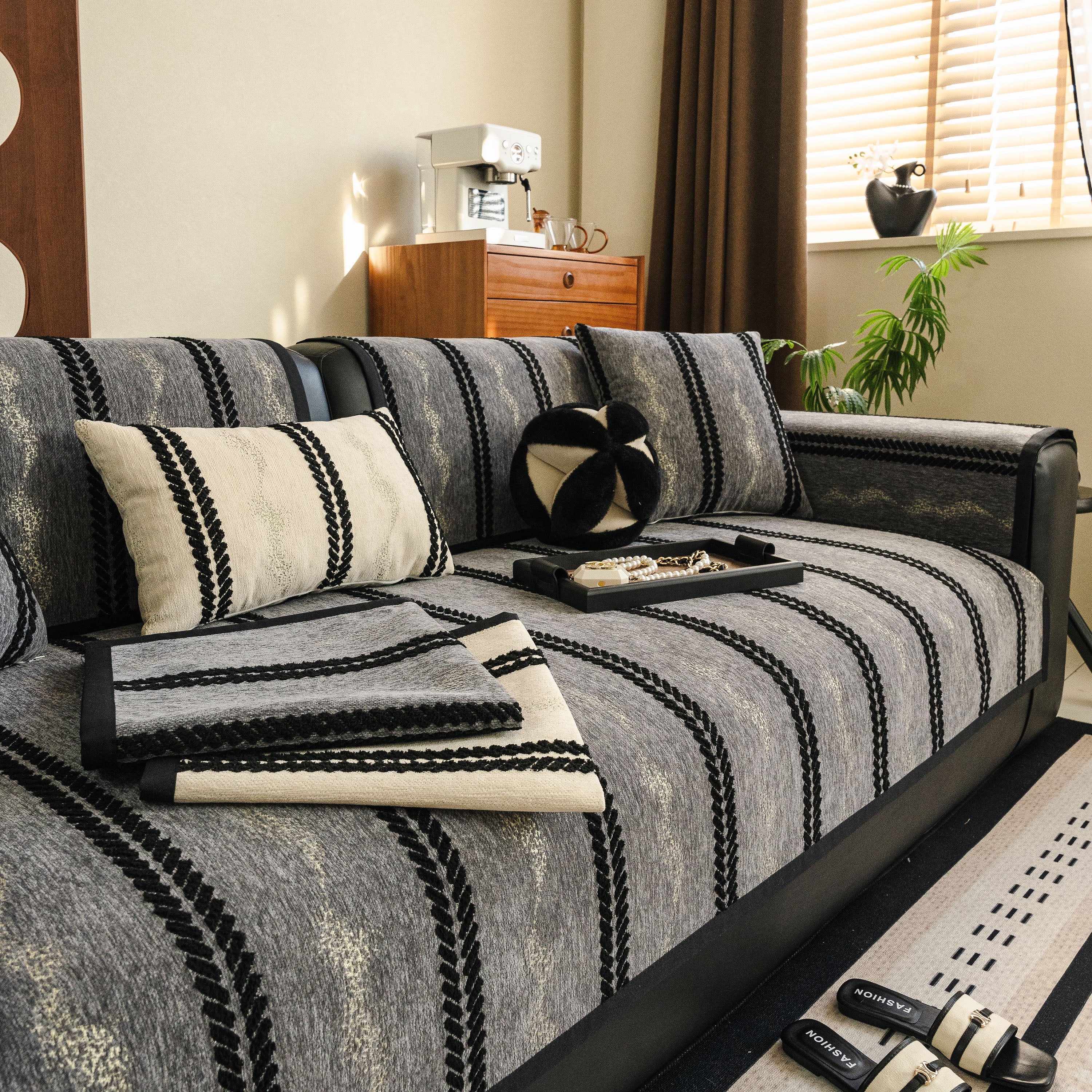 Non-Slip Sofa Cover with Thick Chenille Texture Woven Stripe Couch Protector Throw - Image 46