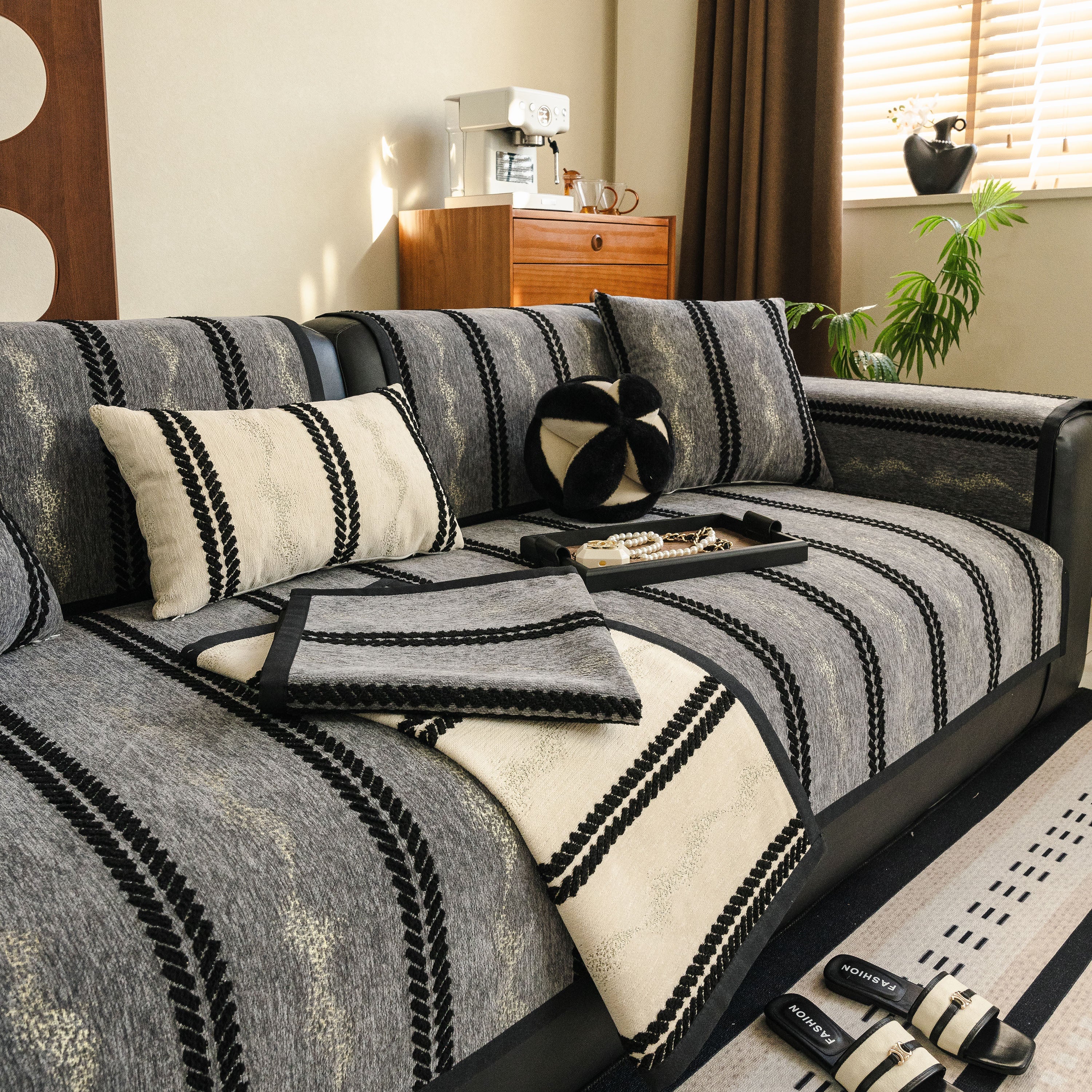 Non-Slip Sofa Cover with Thick Chenille Texture Woven Stripe Couch Protector Throw - Image 48