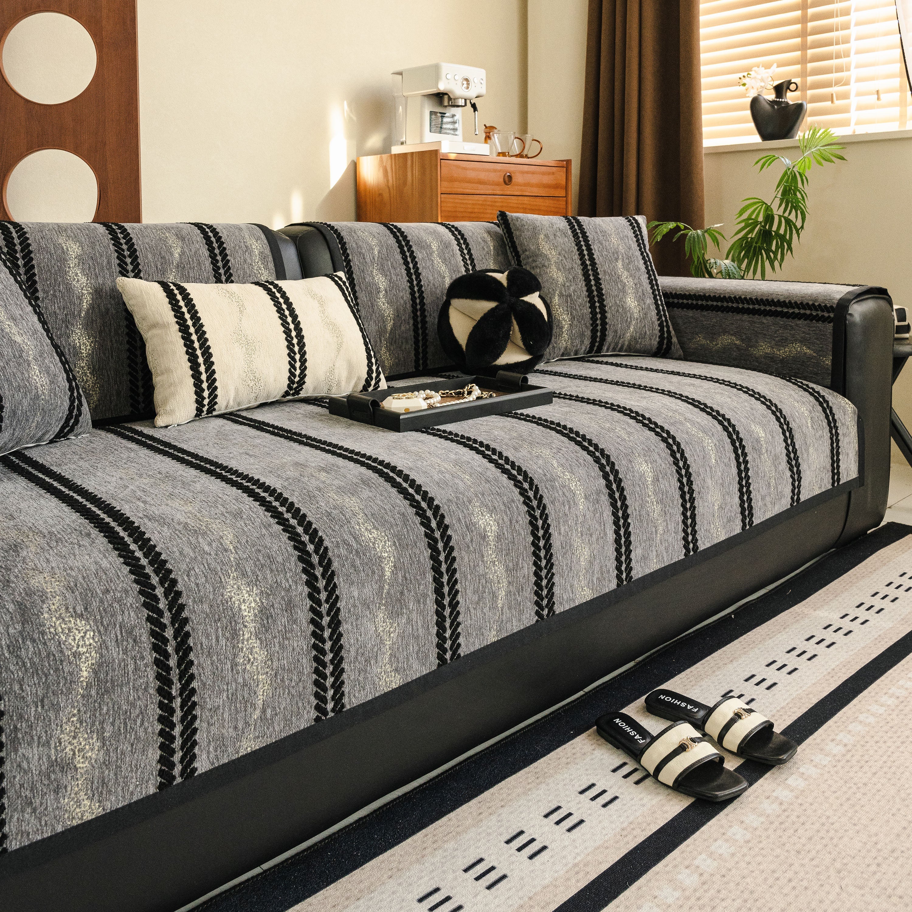 Non-Slip Sofa Cover with Thick Chenille Texture Woven Stripe Couch Protector Throw - Image 50
