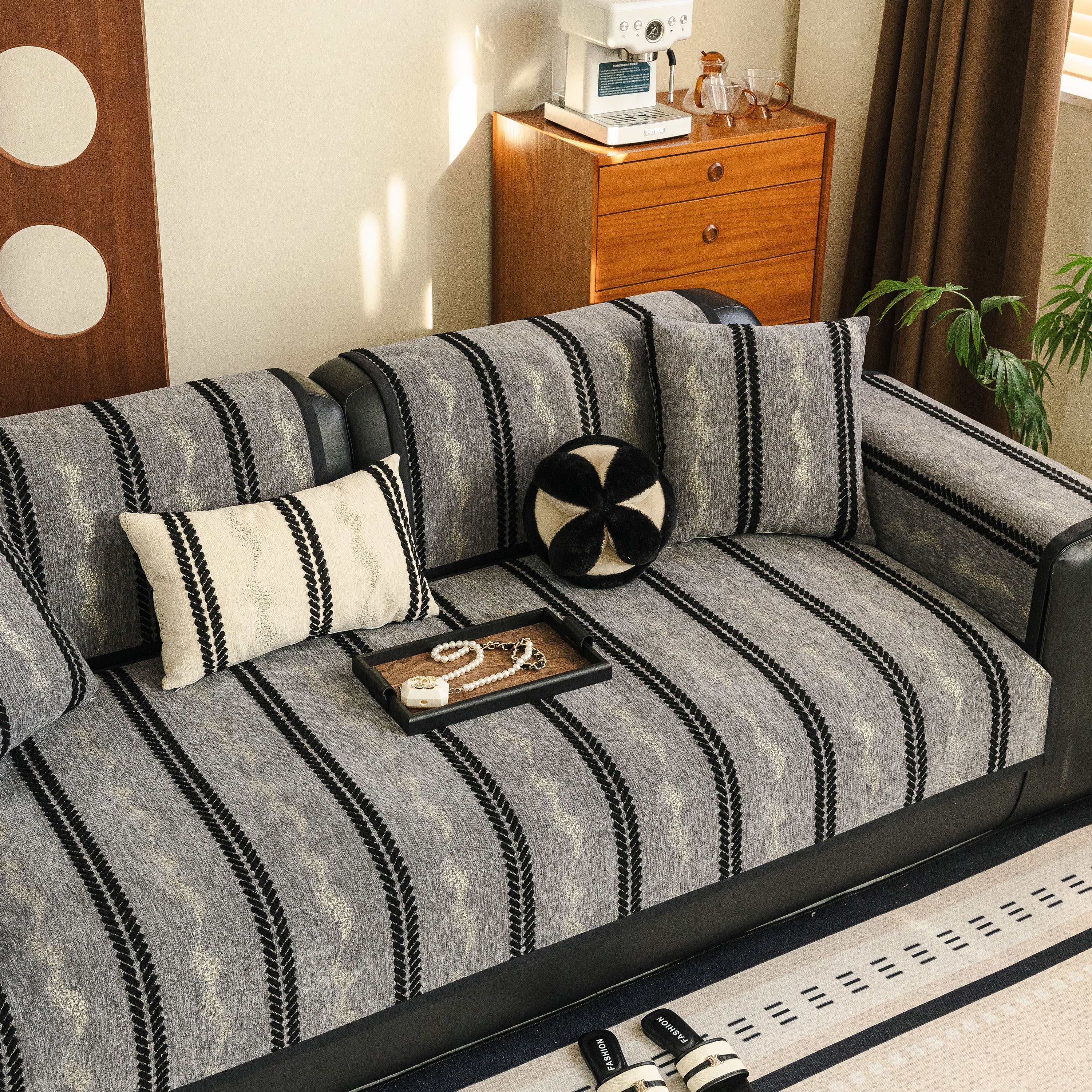 Non-Slip Sofa Cover with Thick Chenille Texture Woven Stripe Couch Protector Throw - Image 53