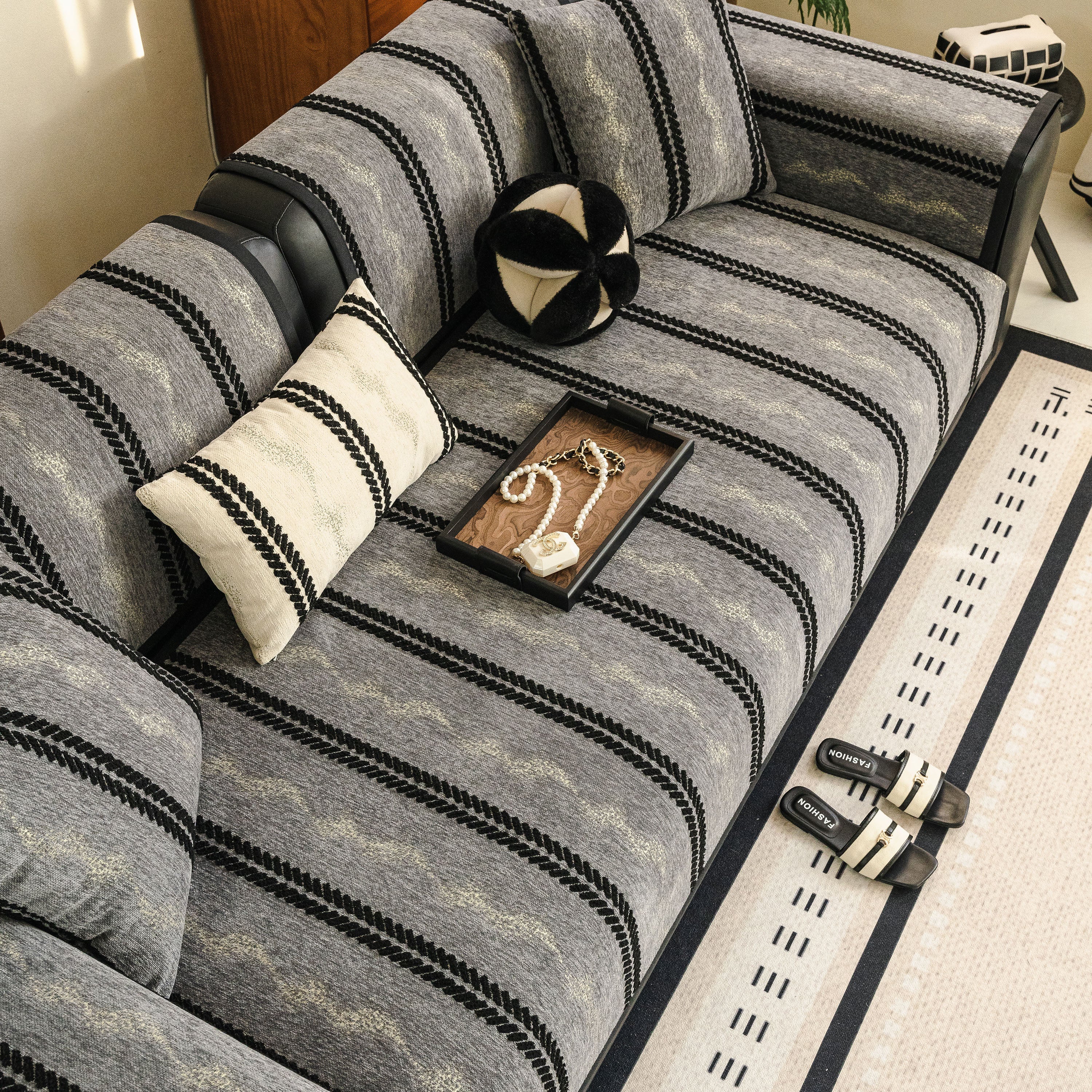 Non-Slip Sofa Cover with Thick Chenille Texture Woven Stripe Couch Protector Throw - Image 54