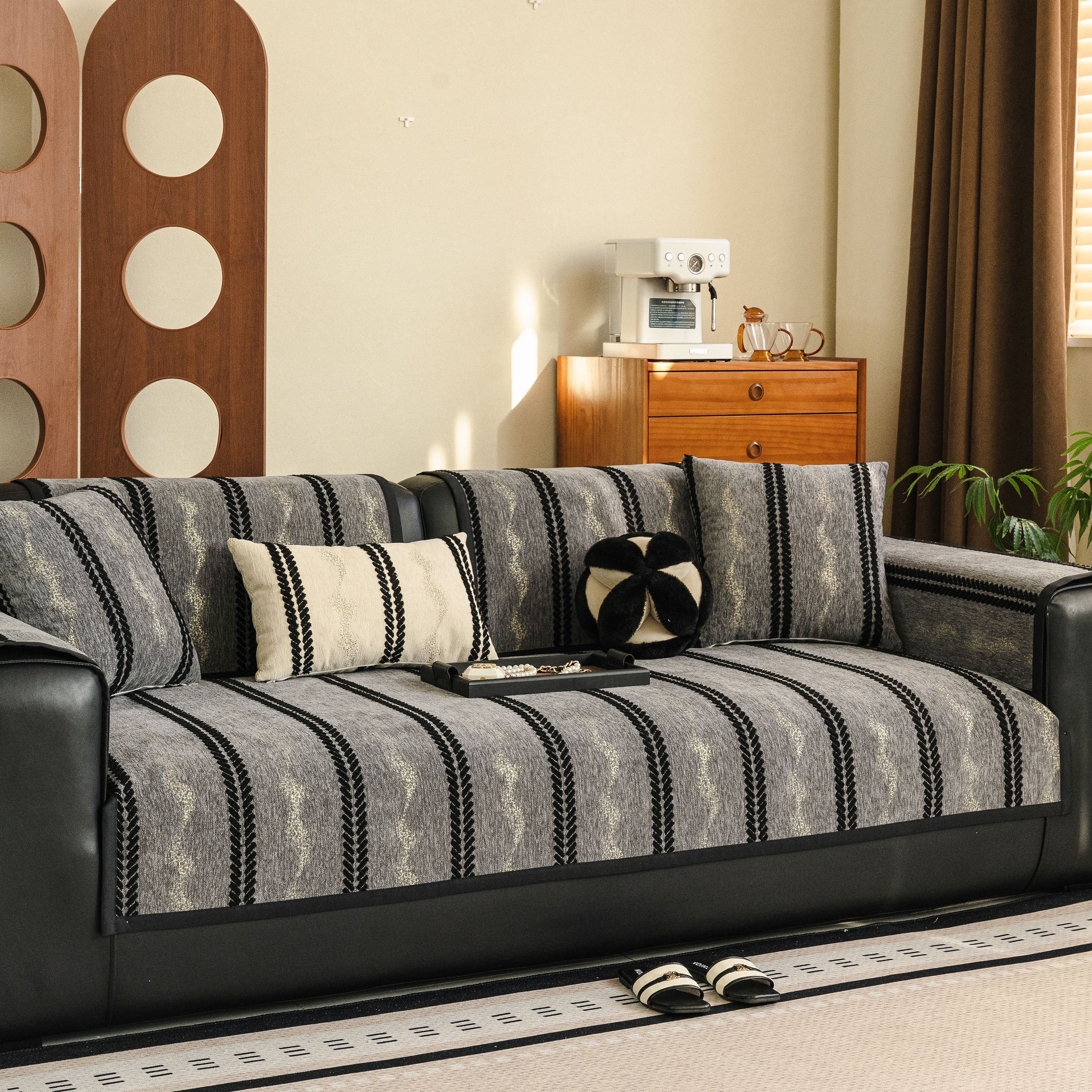 Non-Slip Sofa Cover with Thick Chenille Texture Woven Stripe Couch Protector Throw - Image 56