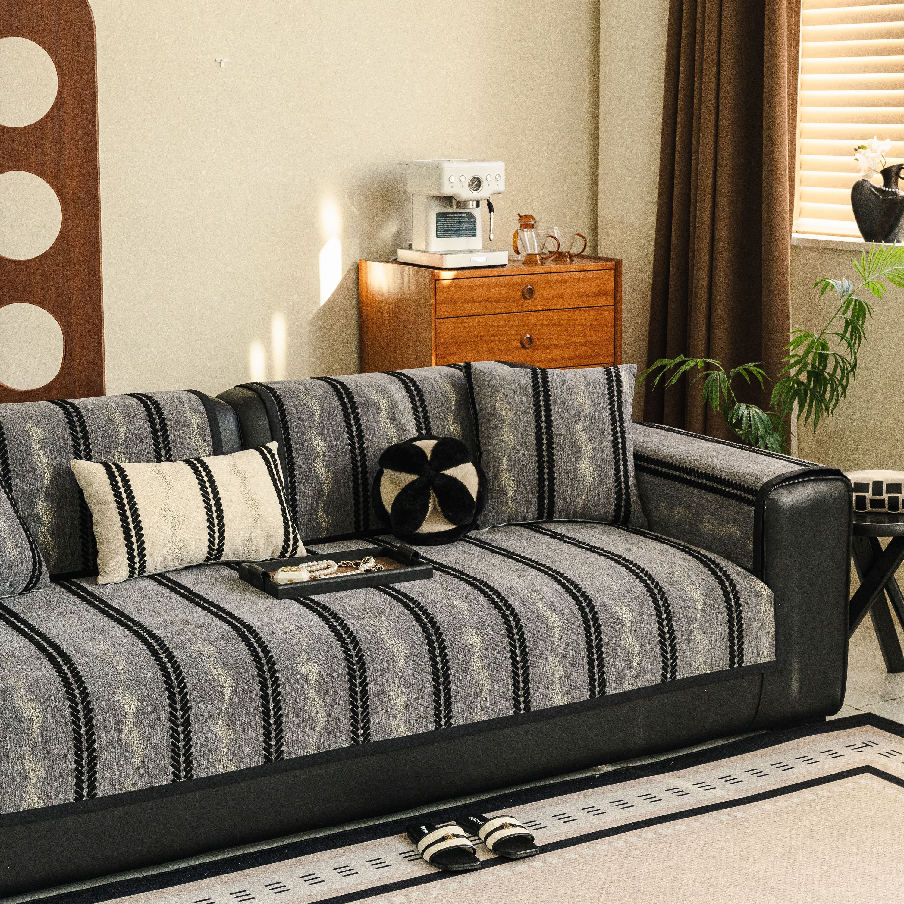 Non-Slip Sofa Cover with Thick Chenille Texture Woven Stripe Couch Protector Throw - Image 57