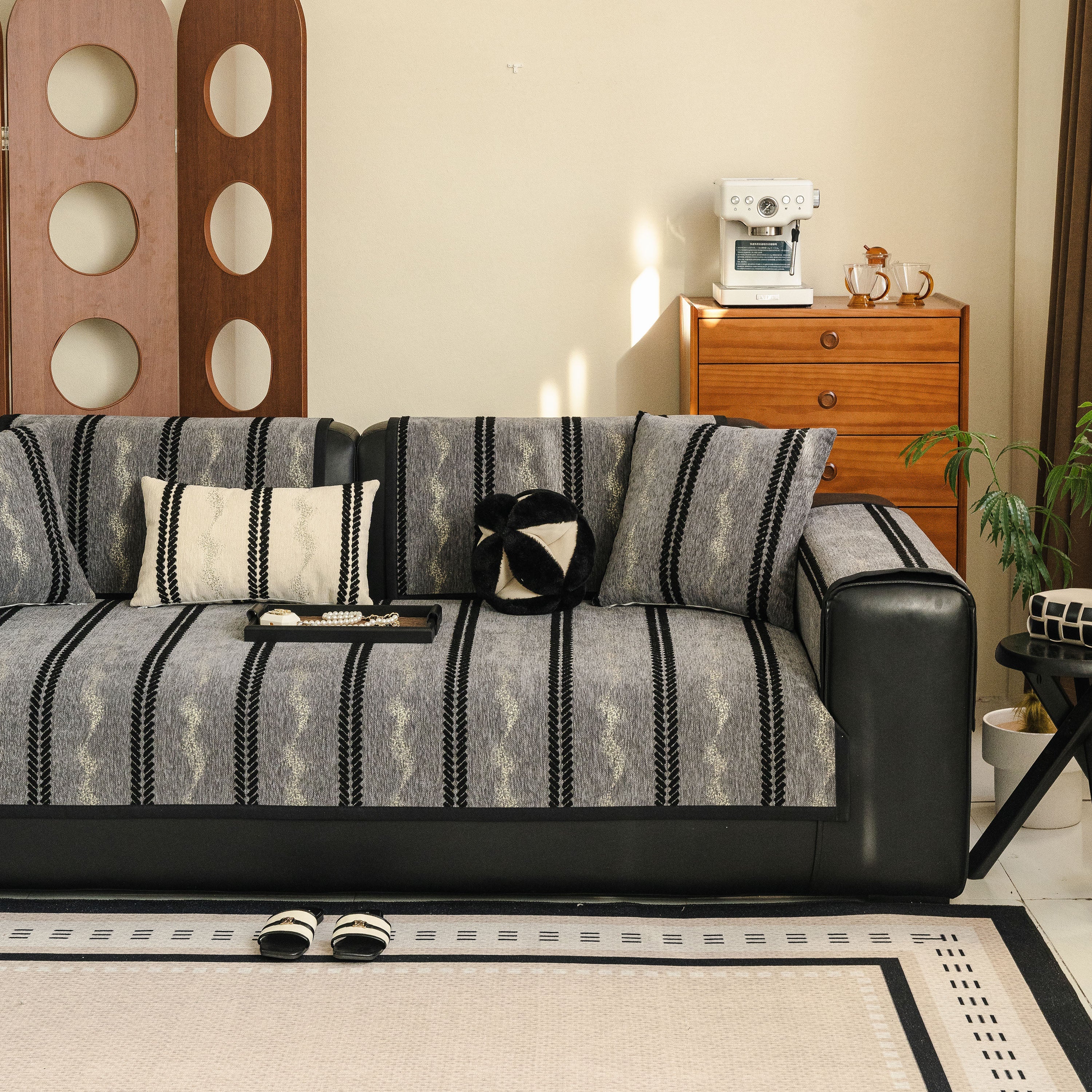 Non-Slip Sofa Cover with Thick Chenille Texture Woven Stripe Couch Protector Throw - Image 58