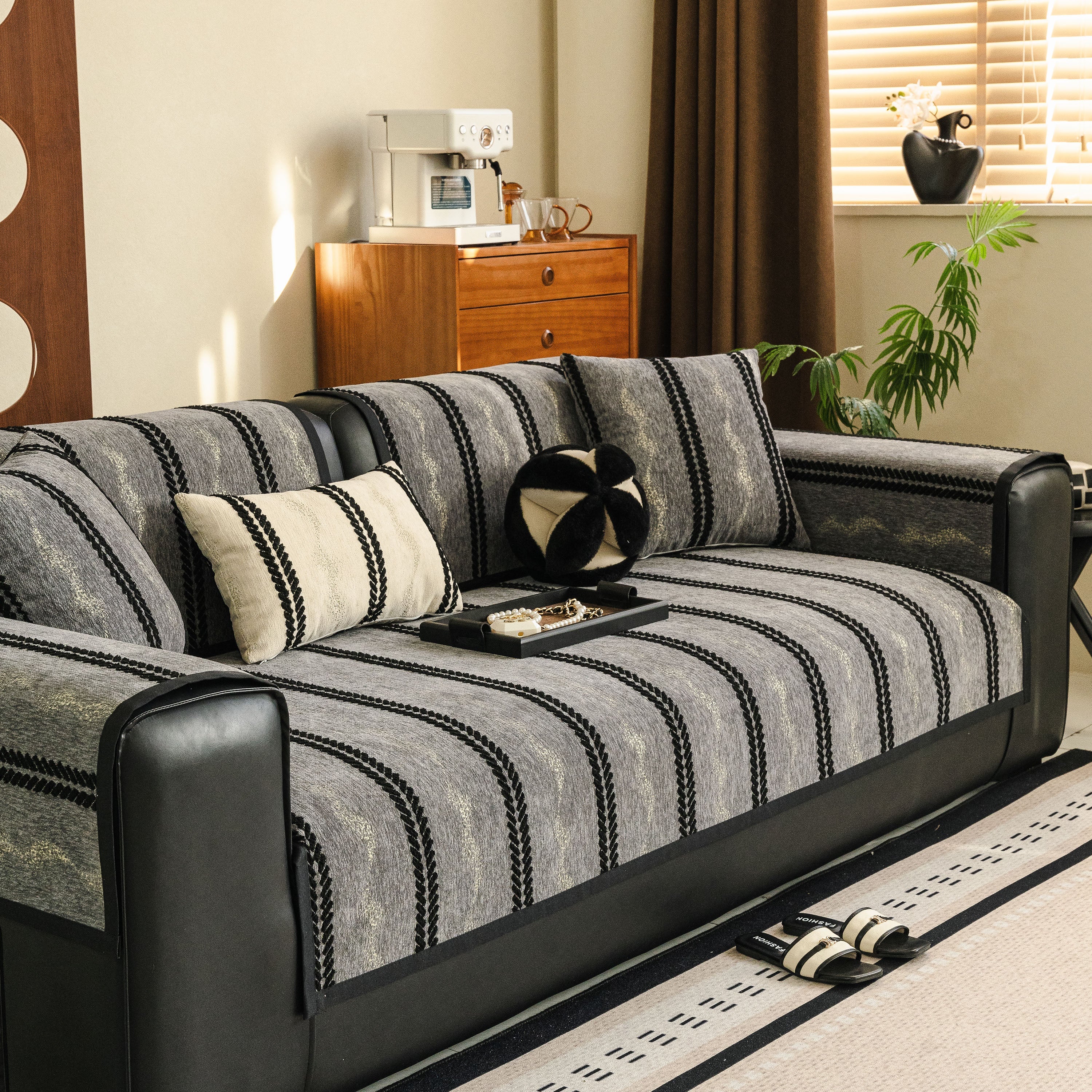 Non-Slip Sofa Cover with Thick Chenille Texture Woven Stripe Couch Protector Throw - Image 59