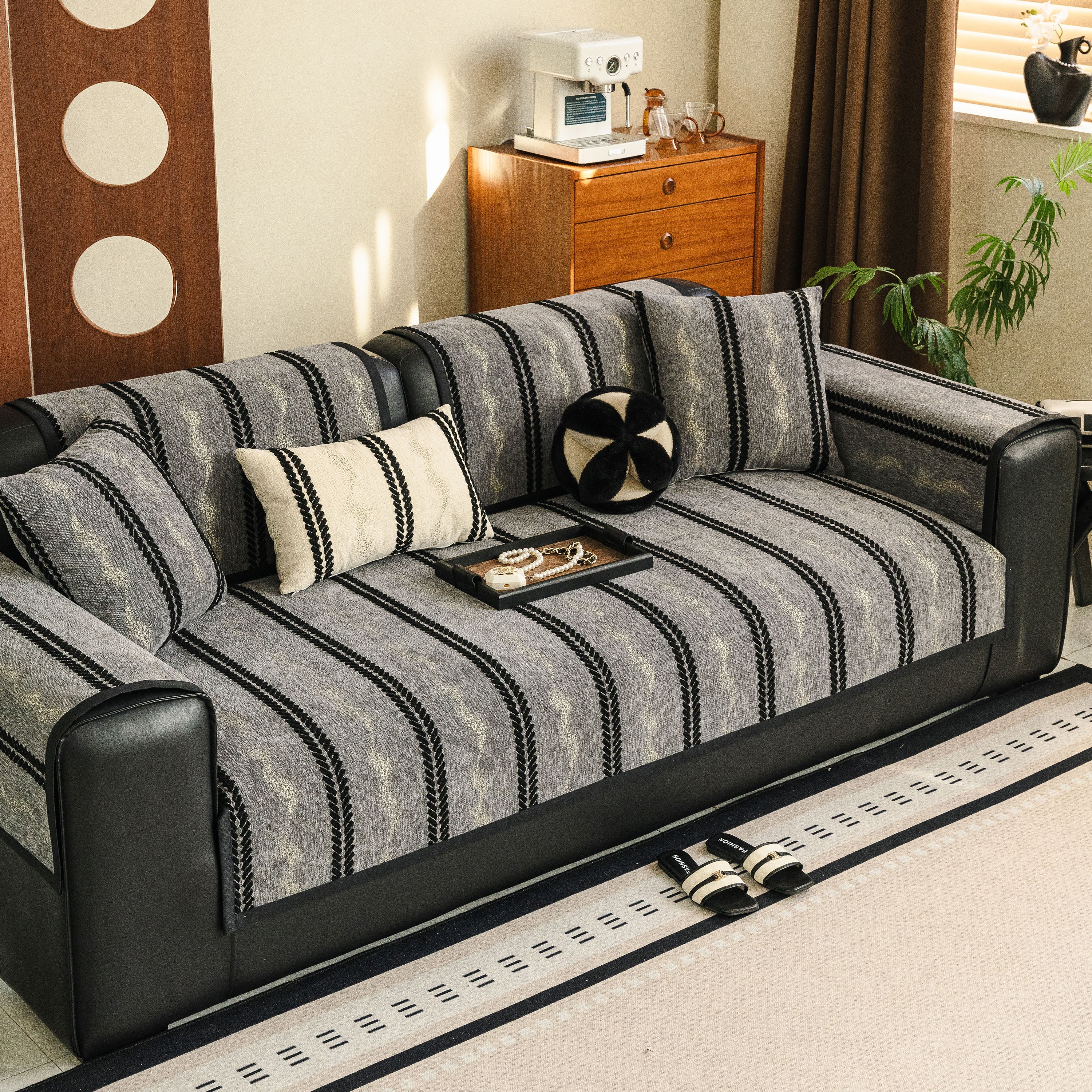 Non-Slip Sofa Cover with Thick Chenille Texture Woven Stripe Couch Protector Throw - Image 60
