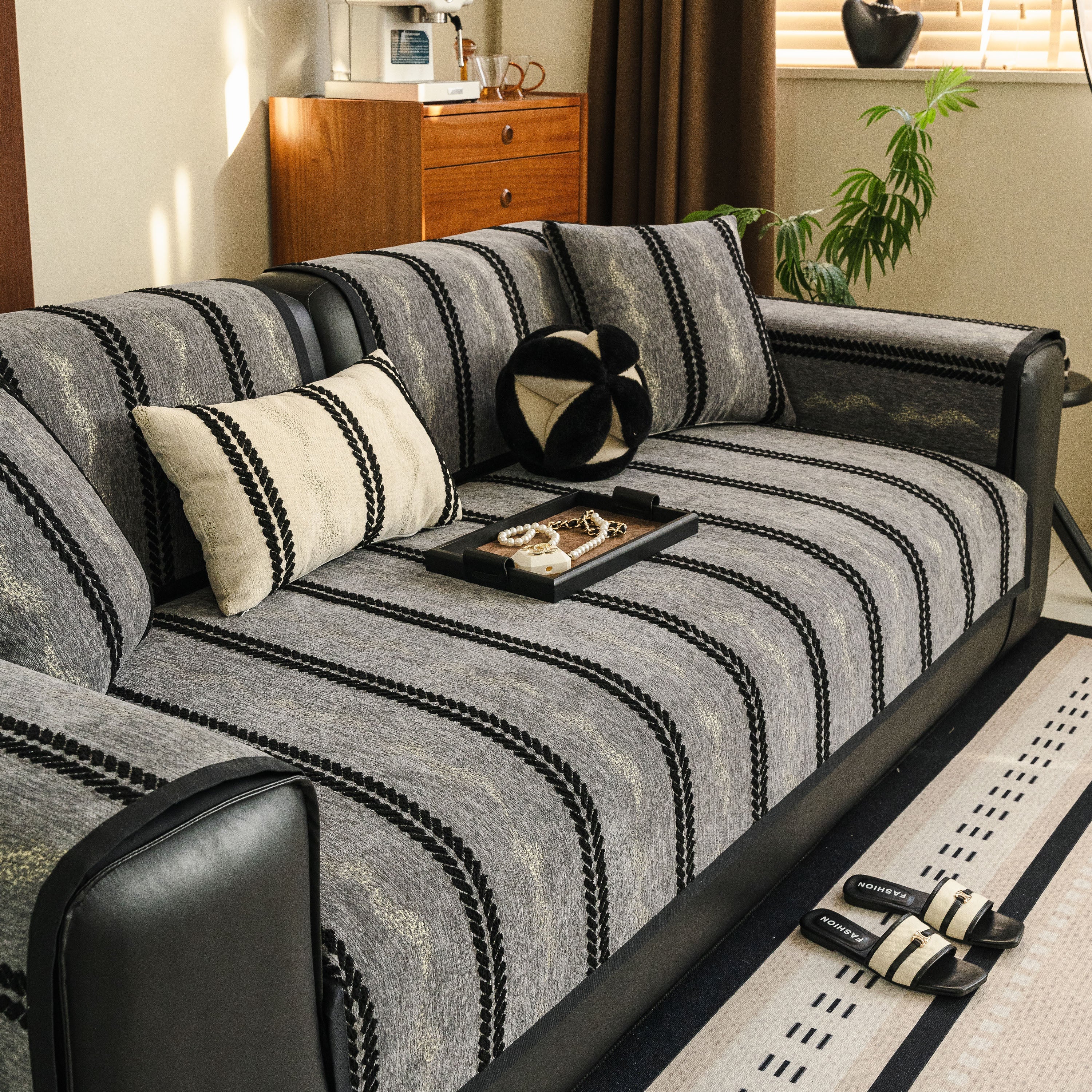 Non-Slip Sofa Cover with Thick Chenille Texture Woven Stripe Couch Protector Throw - Image 61
