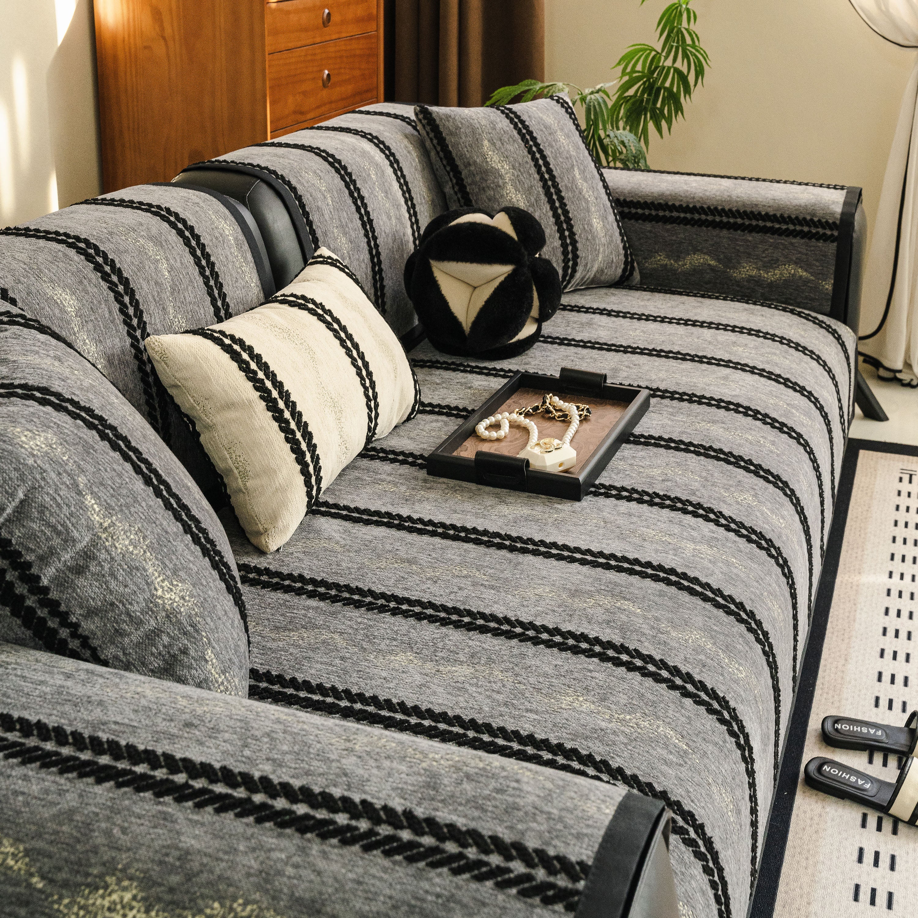 Non-Slip Sofa Cover with Thick Chenille Texture Woven Stripe Couch Protector Throw - Image 62