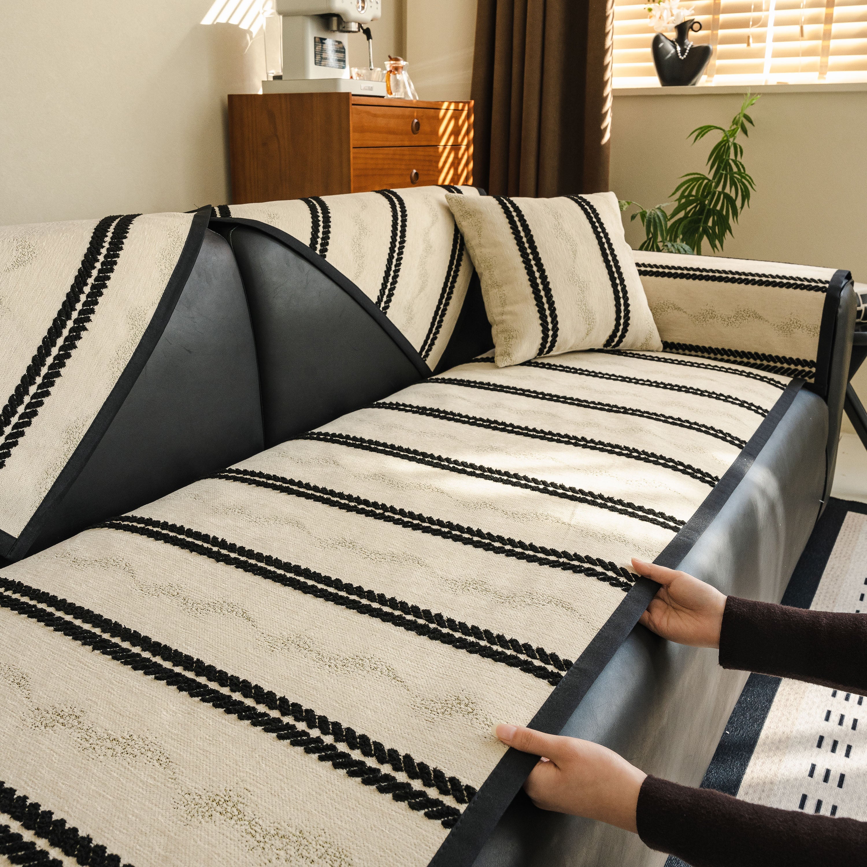 Non-Slip Sofa Cover with Thick Chenille Texture Woven Stripe Couch Protector Throw - Image 74