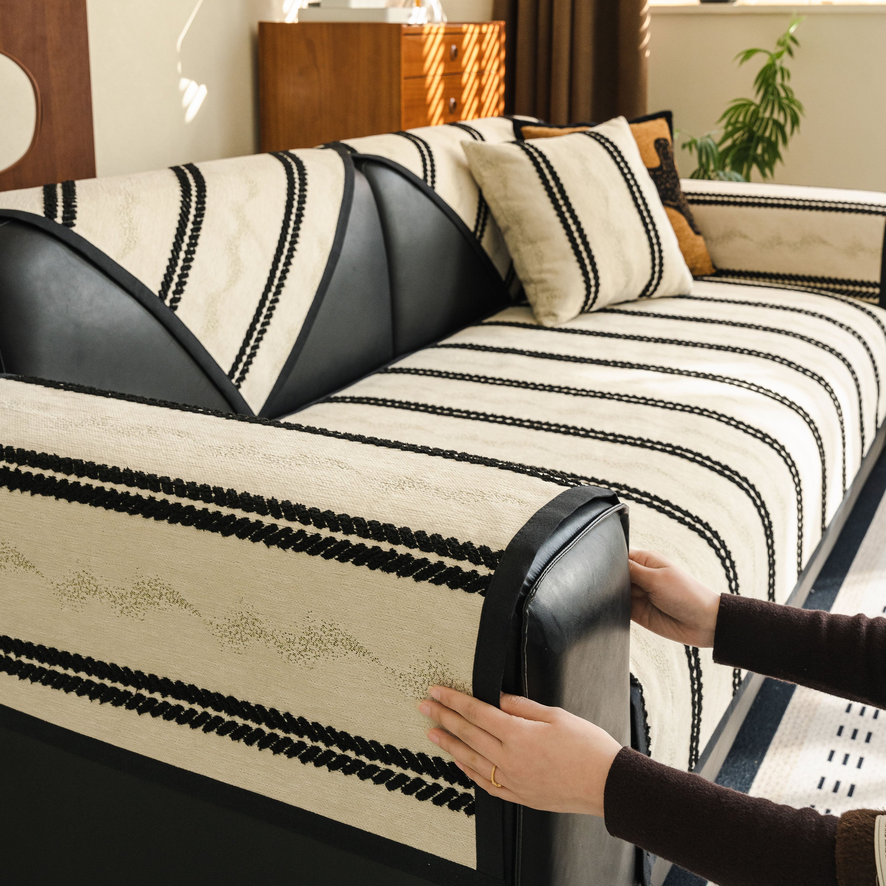 Non-Slip Sofa Cover with Thick Chenille Texture Woven Stripe Couch Protector Throw - Image 76